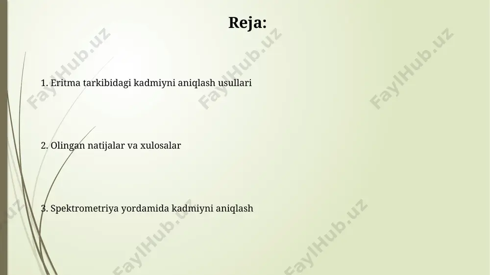 lchov jarayoni va asbob-uskunalar o'lchov jarayonida namunalar oldindan tayyorlanadi, masalan, kislota bilan hazm qilinadi va keyinchalik 10-100 marta suyultiriladi, bu esa spektrometrning aniqlik chegarasiga mos keladigan konsentratsiyaga erishish uchun zarur. o'lchov natijalarining ishonchliligini ta'minlash uchun standart eritmalar yordamida kalibrlovchi egri chiziladi va har bir o'lchov kamida uch marta takrorlanadi, bu esa o'rtacha qiymati va standart og'ishini hisoblash imkonini beradi. spektrometriya usuliga kirish spektrometriya, moddalarning tarkibini aniqlashda ishlatiladigan, turli to'lqin uzunliklaridagi elektromagnit nurlanish bilan o'zaro ta’sirini o'rganishga asoslangan analitik usul bo'lib, 10⁻⁶ dan 10⁻⁹ mol/l gacha bo'lgan konsentratsiyalarni aniqlash imkonini beradi. atom-absorbtsion spektrometriya (aas) va induktiv bog'langan plazma atom-emissiya spektrometriyasi (icp-aes) kabi 2 ta asosiy spektrometriya turi mavjud bo'lib, ularning har biri o'ziga xos afzalliklari va kamchiliklariga ega. muhokama va xulosalar aas usuli yordamida olingan natijalar icp-oes usuli bilan olingan ma'lumotlar bilan solishtirildi va ikkala usul o'rtasidagi farq 5% dan kam bo'ldi, bu esa usullar ishonchliligini ko'rsatadi. eritma tarkibidagi kadmiy miqdorini …
