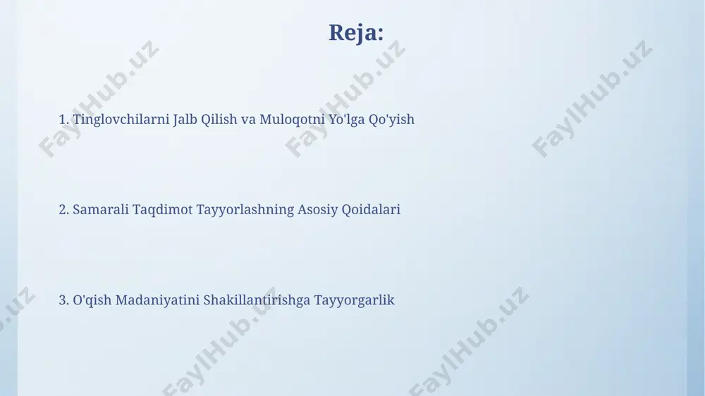 igiga mos keladigan, aniq va tushunarli 7-8 ta asosiy fikrni tanlang. fikrlarni aniq misollarning (masalan, toshkentdagi muvaffaqiyatli loyihalar) yordamida tushuntiring. taqdimotda turli xil vizual vositalardan (rasmlar, grafikalar, videolar) foydalaning. masalan, 5 ta rasm va 2 ta grafik qo'shish orqali ma'lumotlarni yanada tushunarli qilib ko'rsatish mumkin, shuningdek, farg'ona vodiysidagi maktablarning tajribasidan foydalanishingiz mumkin. taqdimotdan keyingi baholash va xulosalar taqdimotdan so'ng 50 nafar tinglovchidan olingan 3 ballli shkaladagi baholarni tahlil qilish natijasida, samarqanddagi auditoriya faolligi 70% ni tashkil etdi. taqdimot samaradorligini baholashda 20% qismi interaktiv o'yinlarning ta'siri, 80% qismi esa ma'lumotning aniqligi va tushunarliligiga bog'liq bo'ldi. taqdimotning tuzilmasi va mazmuni taqdimot 3 qismdan: kirish (5%), asosiy qism (85%) va xulosadan (10%) iborat bo'lib, har bir qismida o'quv madaniyatini shakllantirishning 2-3 ta muhim jihati 3 ta manbaga tayanib bayon etilishi kerak. o'zbekistonning 10 ta viloyati misolida o'quv madaniyatining rivojlanish darajasi, uning iqtisodiy va ijtimoiy taraqqiyotga ta'siri haqida statistik ma'lumotlar va diagrammalar keltirilishi maqsadga …