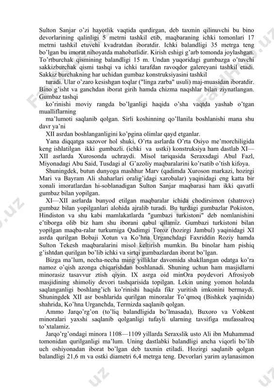 ompozitsiya ayniqsa keng yoyildi. raboti malik karvon saroyi esa 1078—1079 yillarda qoraxoniy shams ul-mulk tomonidan qurilgan, deb taxmin qilinadi. bir qator olimlarning fikricha bu bino buyurtmachisi noma’lumdir. bu imorat ham xom g’isht (28x28x6,5 sm)dan qurilib, 24x24x4 sm o’lchamli pishiq g’isht bilan pardozlangan. hozirgi kunda faqatgina peshtoqi saqlanib qolgan bu binoning tarhi 86x 86m o’lchamli kvzdrat shaklida bo’lgan. devorlarining balandligi 12 metr ekanligi uning ikki oshyonalik bo’lganligidan dalolat berib turibdi. bino ikki qismdan iborat bo’lgan. peshtoqdan kirgach ko’ndalang joylashgan hovliga chiqilgan, uning to’rttala tomoni xonalar bilan o’rab olinganligi aniqlangan. hovlining to’ridagi ikkinchi qismi markazida katta gumbazli saroy va atroflari yaxlit tomli xonalar joylashgan. old ko’-rinishining ikki burchagini ikki minora bezab turgan. minora-lardan peshtoqgacha bo’lgan devor oralig’ida kungurador (ruschasiga gofr) yarimustunlar joylashtirilgan bo’lib, ularning usti ravoq toqlari bilan birlashtirilgan. bir vaqtlar bu rabot katta kompleksdan iborat bo’lgan va hozirgi kunda qarama-qarshisida sardoba saqlanib qolgan. bu binoning chekkasida minorasi pishik g’isht bilan kafelga …