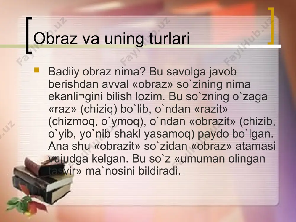 (inson, narsa-buyum, hayvon, hodisa, predmet, o`simlik; ko`chma ma`no beruvchi so`zlar, iboralar, leksik resurslar, ifoda vositalari kabi) unsurlari kirar ekan, kirganda ham san`atkor ongi va qalbida jilolanib, boyib, kattalashib, eng muhimi insonlashib muhrlanarkan – ularning barchasini obraz deb yuritish qonuniyatdir. obraz “badiiy to`qima yordamida yaratilgan, estetik qiymat kasb etgan inson hayotining umumlashma va ayni chog`da, aniq manzarasidir”