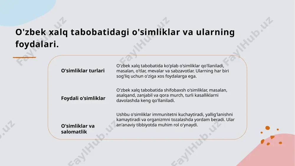 'zining an'anaviy usullari bilan salomatlikni saqlashda muhim o'rin tutadi. bu usullar ko'plab o'simliklar va tajribalar asosida shakllangan. 02 an'anaviy va zamonaviy an'anaviy tibbiyot zamonaviy tibbiyot bilan integratsiyalashishi, bemorlarga yaxshiroq xizmat ko'rsatish imkoniyatlarini yaratadi. bu, sog'liqni saqlash sohasida yangi imkoniyatlarni ochadi. 03 madaniyat va meros xalq tabobati madaniy merosning bir qismi bo'lib, o'zbek xalqining tarixiy va zamonaviy ko'rinishlarini o'z ichiga oladi. bu sog'liq va farovonlikni oshirishga yordam beradi. muammoli topshiriqlar: savollar xalq tabobati vositalarining qaysi biri klinik jihatdan isbotlangan? ular qachon zamonaviy davolash usullari bilan birlashtirilishi kerak? ekologik muammolar dorivor o‘simliklarning foydasiga qanday ta’sir qiladi? sun’iy kimyoviy vositalarga nisbatan tabiiy vositalar qancha xavfsiz? uy sharoitida tayyorlangan damlamalarning dozalashini qanday nazorat qilish mumkin? har bir odamning individual xususiyatlariga asoslanib, xalq tabobatini qanday moslashtirish kerak? xalq tabobatining noto‘g‘ri qo‘llanishi natijasida yuzaga keladigan salbiy oqibatlarni qanday oldini olish mumkin? xalq tabobati va zamonaviy tibbiyotning integratsiyalashuvi qanday amalga oshishi kerak? viktarina savollar xalq tabobati qanday …