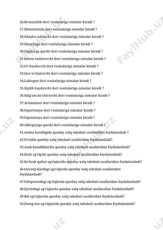 bobati usullaridan foydalaniladi? 48.qorindagi og‘riqlarda qanday xalq tabobati usullaridan foydalaniladi? 49.bel og‘riqlarida qanday xalq tabobati usullaridan foydalaniladi? 50.dumg‘aza og‘riqlarida qanday xalq tabobati usullaridan foydalaniladi? 51.grijalarda qanday xalq tabobati usullaridan foydalaniladi? 52.bo‘g‘imlardagi og‘riqlarda qanday xalq tabobati usullaridan foydalaniladi? 53.qabziyatda qanday xalq tabobati usullaridan foydalaniladi? 54.qusishda qanday xalq tabobati usullaridan foydalaniladi? 55.ich ketishida qanday xalq tabobati usullaridan foydalaniladi? 56.ayirish sistemasi kasalliklarida qanday xalq tabobati usullaridan foydalaniladi? 57.bosh aylanishida qanday xalq tabobati usullaridan foydalaniladi? 58.uyqusizlikda qanday xalq tabobati usullaridan foydalaniladi? 59.yara kasalliklarida qanday xalq tabobati usullaridan foydalaniladi? 60.nafas a’zolari kasalliklarida qanday xalq tabobati usullaridan foydalaniladi?