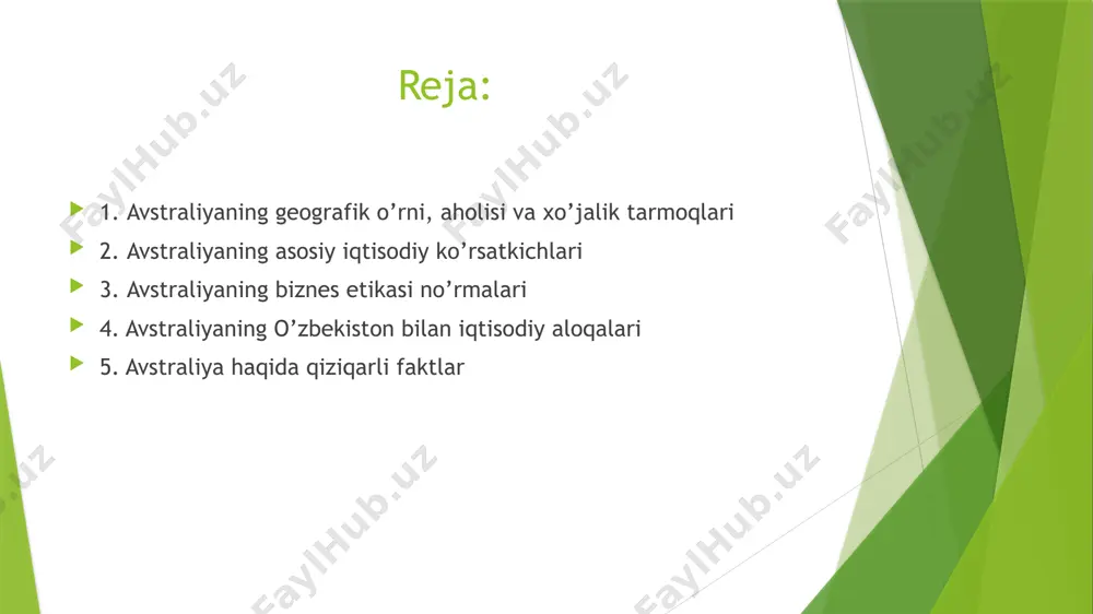 tatlari har bir shtatdan 6 yil muddat-105ga saylanadi. senat tarkibining yarmi har 3 yilda yangilanadi. general-guberna-tor va bosh vazir boshchilik qiladigan hukumat ijroiya hokimiyatni amalga oshiradi. avstraliyaning har bir shtati oʻz kon-stitutsiyasi, parlamenti va hukumatiga ega; shtatlarning huquqlari cheklangan. aholisi avstraliya hozirgi aholisining asosiy qismi – britaniya o.laridan koʻchib kelganlarning avlodlari – inglizlar, irlandlar, shotlandlar boʻlib, ular av-straliyaliklar millatini tashkil etadi (qarang avstraliyaliklar). tub joy aholi va duragaylar avstraliya aholisining 1,5% ni tashkil etadi; ukrainlar, italyanlar, nemislar, greklar, gollandlar va boshqa ham yashaydi. bir necha yuz oʻzbek bor. rasmiy tili – ingliz tili. aholining oʻrtacha zichligi – 1 km² ga salkam 2 kishi. aholining 80% ga yaqini materikning sharqiy va janubi-sharqiy sohilida istiqomat qiladi; aholining – 2/3 qismi yirik shaharlarda yashaydi. eng yirik shaharlari: sidney, melburn, brisben, adelaida, pert. tarixi 18-asrgacha avstraliya aborigenlari ibtidoiy jamoa tuzumi sharoitida yashagan. yevropaliklardan birinchi boʻlib mate-rikka golland dengiz sayyohlari v. yans-zon (1606) va a. …