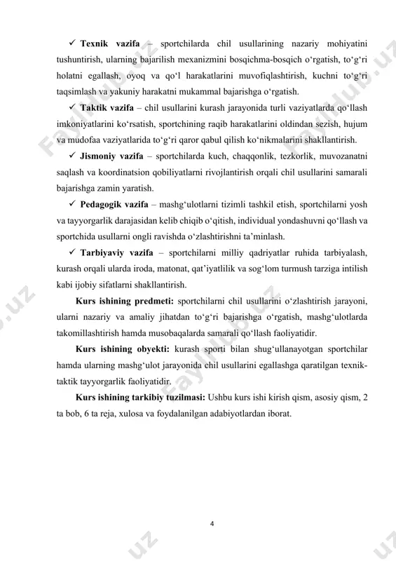 i milliy qadriyatlar ruhida tarbiyalash, kurash orqali ularda iroda, matonat, qat’iyatlilik va sog‘lom turmush tarziga intilish kabi ijobiy sifatlarni shakllantirish. kurs ishining predmeti: sportchilarni chil usullarini o‘zlashtirish jarayoni, ularni nazariy va amaliy jihatdan to‘g‘ri bajarishga o‘rgatish, mashg‘ulotlarda takomillashtirish hamda musobaqalarda samarali qo‘llash faoliyatidir. kurs ishining obyekti: kurash sporti bilan shug‘ullanayotgan sportchilar hamda ularning mashg‘ulot jarayonida chil usullarini egallashga qaratilgan texnik-taktik tayyorgarlik faoliyatidir. kurs ishining tarkibiy tuzilmasi: ushbu kurs ishi kirish qism, asosiy qism, 2 ta bob, 6 ta reja, xulosa va foydalanilgan adabiyotlardan iborat. i.bob. kurashda chil usullarining nazariy asoslari va ahamiyati. 1.1.chil usullarining kurash texnikasidagi o‘rni va tasnifi. kurash insoniyat tarixida qadimdan shakllanib kelayotgan sport turlaridan biri bo‘lib, unda qo‘llaniladigan usullar xilma-xilligi bilan ajralib turadi. ushbu usullar orasida chil usullari ham alohida o‘rin egallaydi. chil usullari kurashning asosiy texnik komponentlaridan biri sifatida nafaqat raqib ustidan ustunlikka erishishda, balki sportchining jismoniy va texnik salohiyatini shakllantirishda ham katta ahamiyat kasb etadi. …