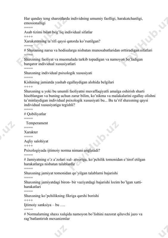 k, proektiv, erkin, yozma; ==== mantiqiy, yozma, og‘zaki, matematik. ++++ test metodi turlari berilgan qatorni toping ==== # test- so‘rov, test- topshiriq, proektiv test, sotsiometrik test; ==== tashqi, ichki, erkin, standartlashtirilgan; ==== sotsiometrik, proektiv test, texnik, og‘zaki. ==== tashqi, erkin, mantiqiy, test- so‘rov; ++++ eksperiment metodi turlari berilgan qatorni toping? ==== # tabiiy, laboratoriya; ==== tashqi, ichki, laboratoriya; ==== tabiiy, laboratoriya, standartlashtirilgan; ==== sotsiometrik, proektiv test, texnik, og‘zaki. ++++ modellashtirish metodi turlari berilgan qatorni toping? ==== # matematik, mantiqiy, texnik, kibernetik; ==== tabiiy, matematik, mantiqiy, texnik; ==== texnik, kibernetik, tabiiy; ==== sotsiometrik, mantiqiy, tabiiy, matematik. ++++ psixikaning to‘liq ta’rifini toping? ==== # psixika- bu yuksak tashkil topgan materiyaning sistemali xususiyati, sub’ekt tomonidan ob’ektiv borliqni faol aks ettirish ==== psixika – predmet obrazi muhitini aks ettirish, tirik tana a’zolarining harakat qilishi; ==== psixika- vaziyat ustuvorligi va qidiruv faolligi tufayli organizmning tarkiblari o‘rtasidagi yashash uchun kurash; ==== psixika- to‘g‘ri aloqalar teskari aloqa …