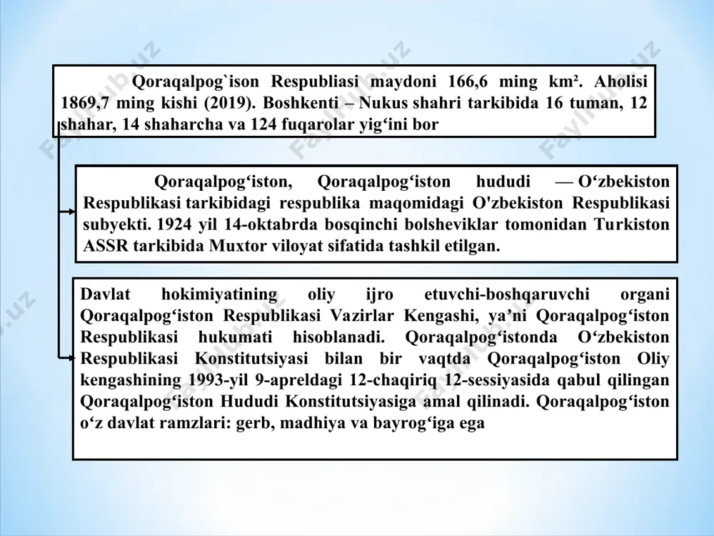 ik; oʻrmon. yogʻochni qayta ishlash va sellyuloza-qogʻoz; un-yorma va aralash yem; poli-grafiya sanoatlari. taxiatosh issiqlik elektr stansiyasi respublika va qoʻshni viloyatlarning elektr energiyasiga bulgan talabini qondiradi (stansiyaning oʻrtacha yillik quvvati 443,4 mvt). 1996 yilda qoʻngʻirot tumanida "ustyurtgaz" korxonasining ishga tushirilishi bilan yoqilgʻi sanoati vujudga keldi. 2004 yilda respublika buyicha 1697,1 mln. m1gaz va 30,4 ming t kondensat yetkazib berildi. 1993 yilda "nukuskabel" ishga tushirilishi bilan kabel sanoati vujudga keldi. mustaqillik yillarida qoʻngirot un zavodi (1993), "toʻrt-koʻldon" (1997), kichik novvoyxonalar va makaron ishlab chiqarish korxonalari bunyod etildi. 1993-yil 9-aprelda qoraqalpog’iston respublikasi oliy kengashining o’n ikkinchi sessiyasida davlat gerbi tasdiqlandi. qoraqalpog’iston jamoatchiligining о’zbekiston tarkibida davlat mustaqilligi va respublika maqomining huquqiy asosga ega bо’lishga intilishi о’zbekistonning birinchi prezidenti islom karimov tomonidan qо’llab-quvvatlandi. 1990-yil 14-dekabrda qoraqalpog’iston respublikasi oliy kengashining iv sessiyasida «о’zbekiston respublikasi tarkibida qoraqalpog’iston respublikasi davlat suvereniteti tо’g’risida deklaratsiya» qabul qilindi. mazkur deklaratsiya 1991-yil 31-avgustda qabul qilingan «о’zbekiston respublikasi davlat mustaqilligi asoslari tо’g’risida»gi …