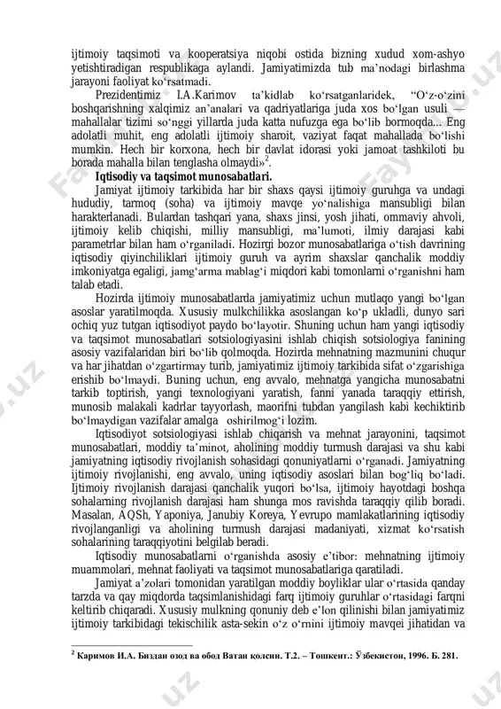 da kishilar universal bo„lishi, barcha kerakli nasalarni o„zlari yaratishgan:oziq-ovqat yetishrish, mehnat qo„llari va kiyim-kechak ishlab chiqarish kabilarni. shuning uchun ular jamoaviylikka mansub bo„lishgan va o„z tuyg„ulari bilan o„zaro bahamlashishgan. sanoatlashgan jamiyatda u ijtimoiylashuvning muqarrarligini xis qiladi. endi kishilar tor sohalarga ixtisoslasha boradilar. bu ixtisosliklar dinga ham ta‟sir ko„rsata boshlaydi. sanoatlashish asosida rivojlangan jamiyatlarda din endi kichik jihatlarda namoyon bo„la boshlaydi va kichik bo„laklarga:uy, oila, ish kabilarga ajralib ketadi. e.dyurkgeym fikricha, industrial jamiyatdagi sotsial birdamlikka ikkita omil salbiy ta‟sir ko„rsatadi:mexanik birdamlik va xizmat joyida o„rtoqlik ruxini topish harakatlari. industrialgacha bo„lgan jamiyatda esa sotsial birdamlik mexanik xissiyotlar asosida, diniy mansublik negizida ta‟minlanar edi. 1 o.kont va g.spenserlarning tadqiqotlarida sotsial birdamlikning asosini iqtisodiy mafaatlar tashkil qilish markaziy o‘rinni egallaydi. g.spenser o‘zining birdamlik ta’limotida majburiy va ko‘ngilli birdamlikni ajratib ko‘rsatadi. uning fikricha, kishilik jamiyati o‘z rivojlanish yo‘lida ikkita harbiy va sanoat davrlariga bo‘linadi. butun hayot bu yerda intizomga asoslangan. sanoat turidagi jamiyat esa osoyishta …