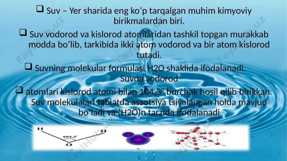rd. km3 ga yaqin; muzliklarda (chuchuk suv) ......... 30 mln. km3 dan ortiq; daryo va ko‘llarda (chuchuk suv)... 2 mln. km3 ga yaqin; atmosferada (bug‘ holida).......... 14 ming km3 ; tuproq va minerallar tarkibida uchraydi. tirik organizmlarning to‘qimalarida, hujayralarida suv bo‘ladi. masalan, inson tanasining o‘rtacha 65% ini suv tashkil etadi. agar inson o‘z tanasidagi suvning 10–12% ini yo‘qotsa, halok bo‘lishi mumkin. suv o‘simliklar, hayvonlar va insonlar hayotida juda katta ahamiyatga ega. hayotning o‘zi, kelib chiqib rivojlanishi ham de ngiz suvi bilan bog‘liq. mouse (оригинал) - hayotiy faoliyatni ta’minlovchi o‘ziga xos termoregulator rolini bajaradi. sanoat asosan chuchuk suv bilan ishlashga moslashgan. ma’lumotlarga ko‘ra, har yili kishi boshiga o‘rtacha 8000 l suv ishlatiladi. bu qatorga xo‘jalik ehtiyojlari ham, qishloq xo‘jaligi va sanoat ehtiyojlari ham kiradi. chuchuk suvning 10 foizi uy ehtiyojlari uchun, qolgani qishloq xo‘jaligi va sanoat uchun sarflanadi. 1 kg qand olish uchun 400 l, 1 kg bug‘doy olish uchun 1500 …