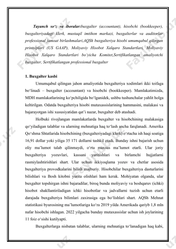 a bo‘lishlari shart. aqsh mehnat statistikasi byurosining ma’lumotlariga ko‘ra 2019 yilda amerikada qariyb 1,8 mln nafar hisobchi ishlagan. 2022 yilgacha bunday mutaxassislar uchun ish joylarining 11 foiz o‘sishi kutilyapti. buxgalterlarga nisbatan talablar, ularning mehnatiga to‘lanadigan haq kabi, ancha yuqori. o‘rta hisobda ish haqi soatiga 30,55 dollar yoki yiliga 63 550 dollarni tashkil qiladi. buxgalter kam deganda bakalavr diplomiga ega bo‘ladi. uning vazifalariga buxgalteriya yozuvlarini tekshirish va ichki nazorat tizimini tashkil etish, buxgalteriya hisobi tizimini ishlab chiqish, soliq hisob-kitoblarini tayyorlash kiradi. bundan tashqari, buxgalter byudjetlarni tuzish hamda moliyaviy ko‘rsatkichlarni yaxshilash va xarajatlarni maqbullashtirish bo‘yicha menejment uchun tavsiyalar ishlab chiqish uchun javobgar bo‘ladi. bunday mutaxassislarni amerikada qasamyod qilgan buxgalterlar (auditorlarga aynan o‘xshash malakaga ega bo‘lgan), boshqaruv buxgalterlari (rahbariyat uchun ichki hisobotlarni tayyorlashga ixtisoslashgan), byudjet tashkilotlarining ichki auditorlari va buxgalterlariga bo‘ladilar. qimmatli qog‘ozlar va fond birjalari bo‘yicha aqsh komissiyasiga (sec) taqdim etiladigan ommaviy kompaniyalar (ochiq turdagi aktsiyadorlik jamiyatlari)ning moliyaviy hisobotini tuzishga faqat qasamyod …