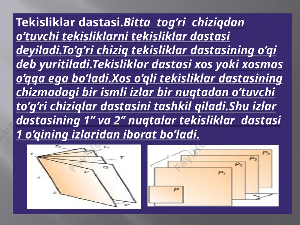 sirtining joylashishi 2 punkitiga to’g’ri kelgani uchun ularning kesishish chizig’i bitta fazoviy egri chiziq bo’ladi. ikki silindrning o’zaro kesishishi.kesisuvchi slindrning biri gorizontal proyeksiyalovchi,ikkinchisining o’qi frontal proyeksiyalar tekisligiga parallel bo’lgan holda slindrlar tasvirlangan. yarim sfera bilan uchburchakli to’g’ri prizmaning o’zaro kesishishi.sfera bilan prizma sirt fazoda siniqegri chiziq bo’yicha kesishadi.rasmda yarim sfera va qirralari h tekislikka perpendikulyar bo’lgan uchburchakli prizma tasvirlangan. o’qlar o’zaro parallel bo’lgan aylanish sirtlarining o’zaro kesishishi. o’qlar parallel bo’lgan siqiq aylanma ellepsoid bilan aylanish sirti rasmda tasvirlangan.bu sirtlarning o’qlari h tekisligiga perpendikulyar joylashgan. foydalanilgan adabiyotlar sh.murodov va boshqalar.chizma geometriya.toshkent,2006-2008. b.qulnazarov .chizma geometriya. toshkent 2006. a.valiyev.perspektiva toshkent “tdpu”2006. r.ismatullayev.chizma geometriya.toshkent 2005. r.raxmonov. perspektiva toshkent “o’qituvchi” 1993. image2.png image3.png image4.jpeg image5.jpeg image6.png image7.png image8.png image9.png image10.png image11.png image12.png image13.png /docprops/thumbnail.jpeg