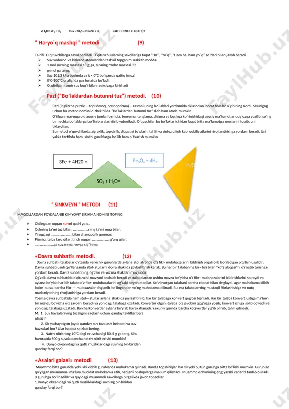 ularni qaytaradi va kislorodni chiqaradi. 2 br2 + 2 h2o → o2 + 4 hbr “ tanlab ol “ didaktik o’yini (4) suvda vodorod atomlari kislorod atomi bilan necha ° burchak hosil qilib birikkan. 120,5 180 104,3 suv qanday rangga egarangsiz moviy oq suv qattiq (muz) holatdan suyuq holatiga o’tganda zichligi qanday o’zgaradi? o’zgarmaydi kamayadi ortadi “klaster” metodi (5) ba’zi tuzlar suv bilan kristallogidratlar deb ataluvchi birikmalar hosil qiladi: cus04 + 5h2o = cus02 5h2o 2h2o = 2h2 + 02 0°c dan +4°c gacha isitilganda ham zichlik ortadi rangsiz, ta’msiz, hidsiz, tiniq suyuqlikdir suv “ aqliy hujum “ metodi (6) 1.suv bug‘ining vodorodga nisbatan zichligini aniqlang. 2. suvning elementar tarkibini qanday isbotlash mumkin? 3. suv parchalanganda 8 g vodorod hosil bo‘lgan bo‘lsa, qancha kislorod olingan bo‘ladi? 4. 7,2 g suv hosil bo‘lishi uchun n.sh. da o‘lchangan qancha hajm vodorod va kislorod kerak? 5. suvning fizik xossalarini aytib bering. 6. suv …