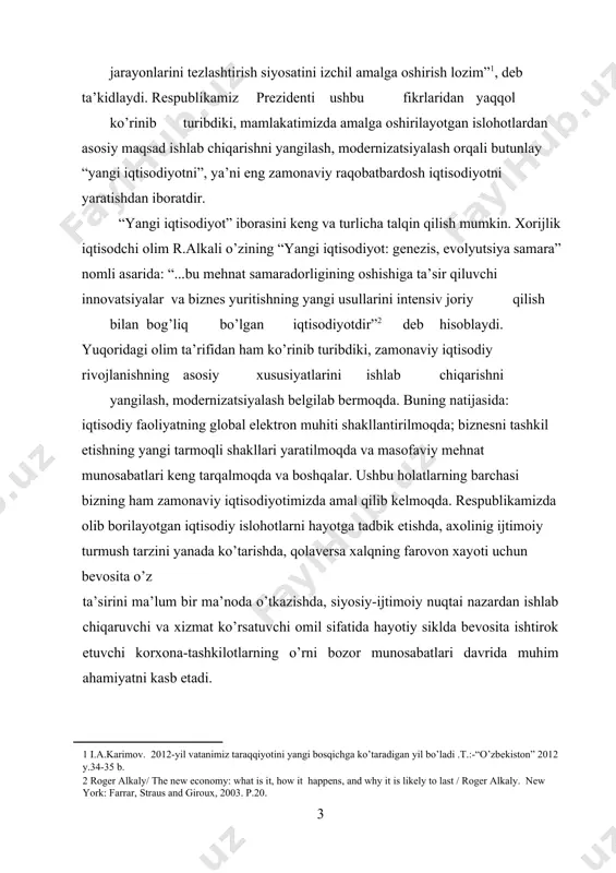 arning global indeksi” ma’ruzasida bayon etilgan ma’lumotlarni keltirish o‘rinli, deb o‘ylayman. ma’ruza jahon intellektual mulk tashkiloti bilan hamkorlikda tayyorlangan. ushbu ma’ruzada dunyoning 141 mamlakatidagi innovatsion rivojlanish kompleks tarzda tahlil qilingan. tahlilning asosiy tarkibiy qismlaridan biri inson kapitalini rivojlantirish darajasi bo‘lib, mazkur ko‘rsatkich bo‘yicha bizning mamlakatimiz 35-o‘rinni egallagan”[footnoteref:3] deb aytib o’tdi. [3: karimov i.a. 2012 yilda mamlakatimizni ijtimoiy-iqtisodiy rivojlantirish yakunlari hamda 2013 yilga mo’ljallangan iqtisodiy dasturning eng muhim ustuvor yo’nalishlariga bag’ishlangan vazirlar mahkamasining majlisidagi ma’ruza. 2013 yil. www.press-service.uz ] zamonaviy texnologiyalar asosida korxonalarda yangicha ishlab chiqarishni tashkil qilish, qo’shimcha xizmat turlarini taklif etish va mavjud mahsulot va xizmat turlarining sifatini oshirish asosida korxonalarni boshqarishni innovatsion jihatdan rivojlantirish zaruriyati bitiruv malakaviy ish mavzusining dolzarbligini belgilab beradi. bmi ning obyekti. tadqiqot obyekti sifatida «sirg’ali dehqon bozori» oaj ning boshqaruv faoliyatida innovatsion jarayonlarni qo’llash amaliyoti tanlangan. bmi ning predmeti. bitiruv malakaviy ishining predmeti bo’lib, korxonalarni boshqarishda vujudga keladigan tashkiliy - iqtisodiy munosabatlar hisoblanadi. bmi …