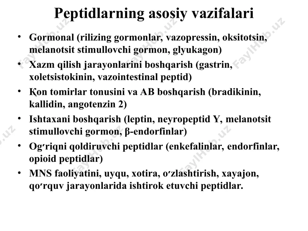 rakkab va kop bosqichli protsess 36 а.к. – 1 мс shaperonlarni oksil foldingidagi axamiyati polipeptid zanjir sintezlanishi, membrana orqali transpoti, oligomer oqsil xosil bo׳lishlarni oraliq bochqichlarida oqsilni konformatsiyasi nostabil va agregatsiyaga moil. nativ konformatsiyasi shakillanguncha aminokislotlarni reaksion yuqori qoldiqlarini bir biridan saqlash va ajratish zarur. shaperonlar oqsilni konformatsiyasini turgunligini saqlaydi, oqsilni foldingini ta’minlaydi. shaperonlarni tasnifi molekulyar massasiga nisbatan: yukori molekul 100 - 110 kd sh-90 - molekul.massa ot 83 do 90kd sh70- molek.massa ot 66 do 78kd sh-60 sh-40 past molekulyar -15-30 kd sintezlanishiga nisbatan: konstitutiv indutsebil (normal xolatlarda sintezi sust) foldingni buzilishi bilan bog׳liq bo׳lgan kasalliklar ba’zi holatlarda suvda eruvchan oqsillar sharoitni o׳zgarishi hisobiga yomon eruvchan holatga o׳tadi, agregatsiyalanadi va amiloidlar hosil qiladi. bunga sabab: oqsillar giperproduksiyasi xujayraga oqsil konformatsiyasini o׳zgartiruvchi omillarni tushishi yoki paydo bo׳lishi proteoliz jarayonlarini faollashishi va erimaydigan agregatlarning hosil bo׳lishi mutatsiyalar xisobiga. masalan: alsxaymer kasalligi, prion kasalliklar. izofunksional oqsillar tirik xujayralarda ma’lum vazifani bajaradigan oqsil …