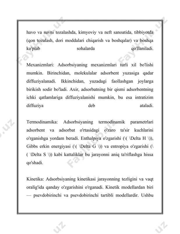 **xususiyatlari**: yuqori sirt maydoni, yuqori adsorbsiyon qobiliyati, kimyoviy barqarorlik. - **qo‘llanilishi**: suvni tozalash, havoni tozalash (masalan, gaz maskalari va filtrlarda), oziq-ovqat va dorilar sanoatida, oltin qazib olishda. 2. **zeoilitlar**: - **tarkibi va tuzilishi**: zeolitlar - alyuminosilikat minerallar bo‘lib, mikropora tuzilishga ega. ular odatda tabiiy va sintetik turlarga bo‘linadi. - **xususiyatlari**: ion almashtirgich xususiyati, selektiv adsorbsiyon, to‘yinganlikda barqarorlik. - **qo‘llanilishi**: neft-kimyo sanoatida katalizatorlar sifatida, gaz ajratishda, suvni yumshatishda. 3. **silika gellar**: - **tarkibi va tuzilishi**: silika gel - amorf silika (sio2) bo‘lib, yuqori ko‘poyma hajmiga ega. - **xususiyatlari**: yuqori namlik adsorbsiyon qobiliyati, termal barqarorlik, qayta ishlanish xususiyati. - **qo‘llanilishi**: oziq-ovqat va farmatsevtika mahsulotlarining namlikdan saqlanishida, gaz va suyuqliklarni quritishda. 4. **alumina**: - **tarkibi va tuzilishi**: alumina asosan aluminiy oksiddan tashkil topgan. - **xususiyatlari**: tez suyuqlik adsorbsiyon qobiliyati, termoyadroli barqarorlik, kimyoviy chidamlilik. - **qo‘llanilishi**: suvni adsorbsiyon orqali tozalash, qattiq-suyuqlik ajratishda katalizatorlar sifatida. 5. **polimerik adsorbentlar**: - **tarkibi va tuzilishi**: ushbu adsorbentlar sintetik …