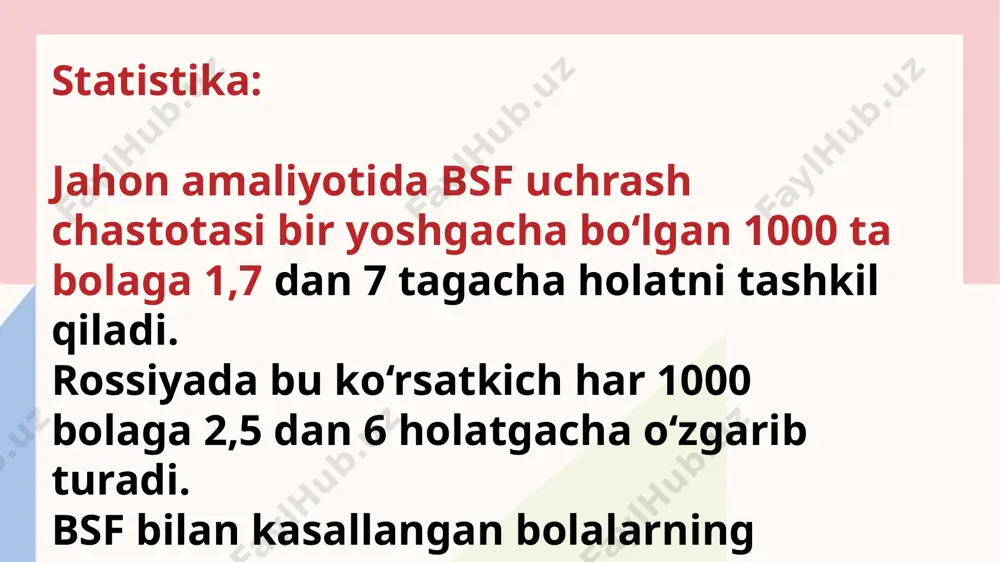 o‘lib, bsfning darajasi va shakliga bog‘liq. xavf bolalar serebral falajida (bsf) prognoz: prognoz bsfning shakli va og‘irligiga, shuningdek, reabilitatsiyaning jadalligi va o‘z vaqtida o‘tkazilishiga bog‘liq. ba’zi hollarda patologiya chuqur nogironlikka olib kelishi mumkin. biroq, faol va doimiy reabilitatsiyada: optimistik prognoz: bola buzilishlarni deyarli to‘liq qoplashi va odatiy turmush tarzini yuritishi, ishlashi va oila qurishi mumkin. murakkab holatlar: jiddiy funksional cheklovlar va atrofdagilarning yordamiga qaramlik qolishi mumkin. bolada bsf rivojlanish xavfi quyidagi holatlarda ortadi: tug‘ruq paytida: shiddatli tug‘ishlar. homilaning chanoq oldi holati. onasining chanog‘i tor. yirik meva. cho‘zilib ketuvchi tug‘ruqlar. intensiv tug‘ruq faoliyati. tug‘ruqqacha davom etadigan suvsizlik davri. diskoordinatsiyalangan tug‘ruq faoliyati. tug‘ruqdan keyingi davrda: chaqaloqning gemolitik kasalligi (ona va homila o‘rtasidagi immunologik ziddiyat tufayli miyaning toksik shikastlanishi). asfiksiya (homiladorlik patologiyalari, o‘pkaning rivojlanish nuqsonlari, qog‘onoq suvlarining aspiratsiyasi tufayli kislorod yetishmovchiligi). oldini olish bsf profilaktikasi: homiladorlik davrida: homila vaznini nazorat qilish. rezus-konflikt profilaktikasi. kasalliklarni davolash. vitaminlar va ratsional ovqatlanish. ochiq havoda sayr qilish. …