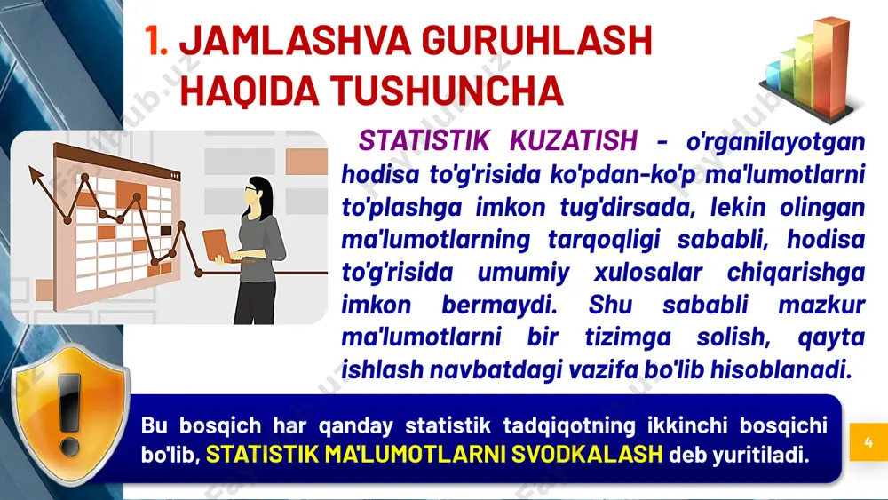 yicha 4 ta guruhga ajratamiz. 4 – guruh. o’sish sur’ati 120% va undan yuqori bo’lgan korxonalar korxonalar ishlab chiqarilgan mahsulot (mln. so’m) o‘sish sur’ati (foizda) 3 120 150 125,0 % 8 90 110 122,2 % jami (2ta korxona) 210 260 123,8 % jamlash va guruhlash haqida tushuncha 14 guruh № o’sish sur’ati bo’yicha korxonalarning guruhlari korxonalar soni ishlab chiqarilgan mahsulot (mln. so’m) o’sish sur’ati (foizda) sentabr oktabr a b 1 2 3 4 i 100 gacha 3 148 138 93,2 % ii 100-110 3 205 216 105,4 % iii 110-120 2 310 345,2 111,4 % iv 120 va yuqori 2 210 260 123,8 % jami 10 873 959,2 109,9 % guruhlash nazariyasining asosiy masalalari 15 guruhlash belgisini aniqlash guruhlash belgisi - o'rganilayotgan hodisa va voqealarni sifat jihatdan bir xil guruhlarga ajratish uchun asos qilib olingan belgidir. masalan, o'sish sur'atlari, ishchilar soni va boshqa belgilar. guruhlash nazariyasining asosiy masalalari 16  …