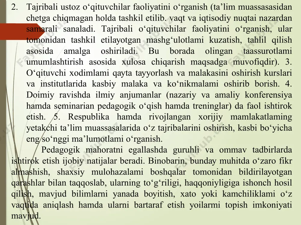 hi o‘quvchining butun ichki va tashqi dunyosini o‘rganib, uning aql qatlamlariga kira olmog`i lozim”. nosiriddin tusiy o‘zining “o‘qituvchilarni tarbiyalash to‘g`risida” degan asarida shunday deydi: “…o‘qituvchi munozaralarni olib borishni, rad etib bo‘lmaydigan darajadagi isbot qilishni bilishi, o‘z fikrlarining to‘g`riligiga ishonishi, nutqi esa mutlaqo toza, jumlalari mantiqiy ifodalanadigan bo‘lishi lozim… o‘qituvchi nutqi hech qachon va hech qayerda zaharxandali, qo‘pol yoki qattiq bo‘lishi mumkin emas. dars paytida o‘qituvchining o‘zini tuta olmasligi ishni buzishi mumkin…” qoshg`ariy: “…men a’zolar kasalligini davolashdan oldin odamlarning ruhiyatini davolashni zarur deb topdim. bunga men o‘qituvchilik yo‘li bilan erishaman, bunga mening ishonchim komil. chunki a’zolar kasalligi bilan yuzlarcha, minglarcha odamlar halok bo‘lsalar, nodonlik, bilimsizlik tufayli o‘n ming va yuz minglarcha odamlar halok bo‘ladilar…”. ulug` shoirimiz alisher navoiy ham o‘qituvchi mehnatini xolisona baholab: “agar shogird podsholikka erishsa ham, unga (muallimga) qulluq qilsa arziydi”, “haq yo‘lida kim senga bir harf o‘rgatmish ranj ila” kabi satrlar bitgan. o‘qituvchining o‘rni va uning vazifalari o‘sib …