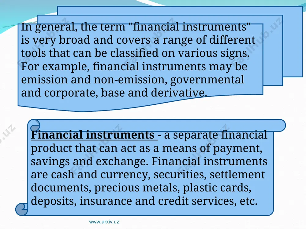 depositary certificates (receipts)? treasure obligations and types of them. what do you know about bills and types of them? what is the difference between primary and derivative financial instruments? www.arxiv.uz www.arxiv.uz www.arxiv.uz № questions answers 1. under the law of the republic of uzbekistan "on investment activity" tangible and intangible benefits and the rights to them, funded in objects of economic and other activities are… ………. 2. how referred competitive bidding in capital construction to identify the optimal construction project? ……. 3. the objects of the financial investment can be ... ………. 4. investment in human capital, skills and work experience are referred to... …… ……….. 5. what security entitles its owner to a stake of the assets of the issuer and a voice in decision-making? ….. 6. the process of issuance of the securities referred to... …….. 7. how the difference between cash inflows and cash outflows called in …