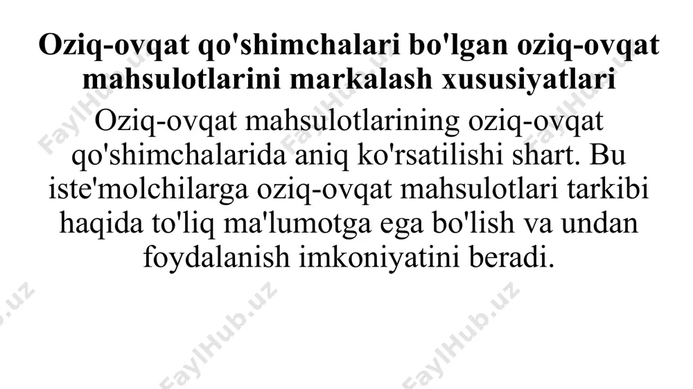 nganda, allergiya, ovqat hazm qilish muammolari va boshqa sog'liq muammolariga olib kelishi mumkin. aholining ratsionida oziq-ovqat qo'shimchalaridan xavfsiz foydalanish shuni esda tutish kerakki, oziq-ovqat qo'shimchalarining kunlik dozasi nafaqat insonning yoshi va vazniga, balki uning sog'lig'ining holatiga, ayrim moddalarga chidamliligiga, allergiya mavjudligiga va boshqa omillarga qarab o'zgarishi mumkin. shifokorlar bolalar, qariyalar va allergiya bilan og'rigan odamlarni iloji boricha oziq-ovqat qo'shimchalaridan uzoqroq tutishni tavsiya qiladilar . o’qituvchi: _____________________ e’tiboringiz uchun rahmat !!! image1.png image2.png image3.png image4.png image5.png /docprops/thumbnail.jpeg