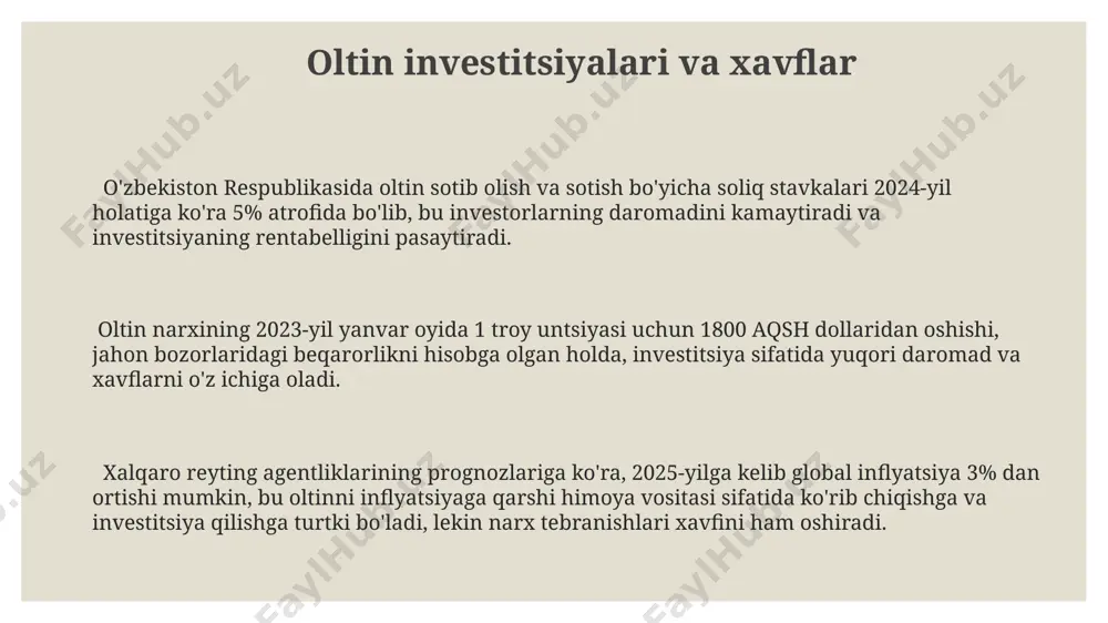 inqirozlarga qarshi himoyani kuchaytiradi. markaziy banklarning oltin zahiralari jahon miqyosida 35 000 tonnadan ortiqni tashkil etadi, bu esa aqsh, germaniya va xitoy kabi davlatlarning ulushi eng yuqori ekanligini ko'rsatadi. kelajakda oltinning valyuta sifatidagi o'rni oltinning jahon iqtisodiyotining 2025 yilgacha bo'lgan prognozlarida 15% ga yaqin ulush egallayishi kutilmoqda, bu esa aqsh va xitoy kabi yirik iqtisodiyotlarning oltin zaxiralarini ko'paytirishga bo'lgan qiziqishini aks ettiradi. oltinning cheklanganligi va inflyatsiyaga qarshi himoya xususiyati, masalan, 2023 yilda 10% ga yaqin inflyatsiya bo'lgan argentina kabi mamlakatlar uchun, uni kelajakda muqobil valyuta sifatida qarashga undaydi. jahon bo'yicha 200 dan ortiq markaziy banklar oltinni o'zining valyuta zahiralarining diversifikatsiyasi vositasi sifatida faol ravishda sotib olmoqdalar, bu esa kelajakda oltinning global valyuta tizimidagi rolini mustahkamlaydi. oltinning qimmatbaholigi va uning omillari oltinning qiymati jahon bozorida dollarga nisbatan aniqlanadi, 2023-yil oxiriga kelib, troy untsiyasi uchun 1900 dollar atrofida bo'ldi, bu inflyatsiya va global siyosiy voqealarga bog'liq. oltin zaxiralari jahon davlatlari iqtisodiyotining barqarorligiga …
