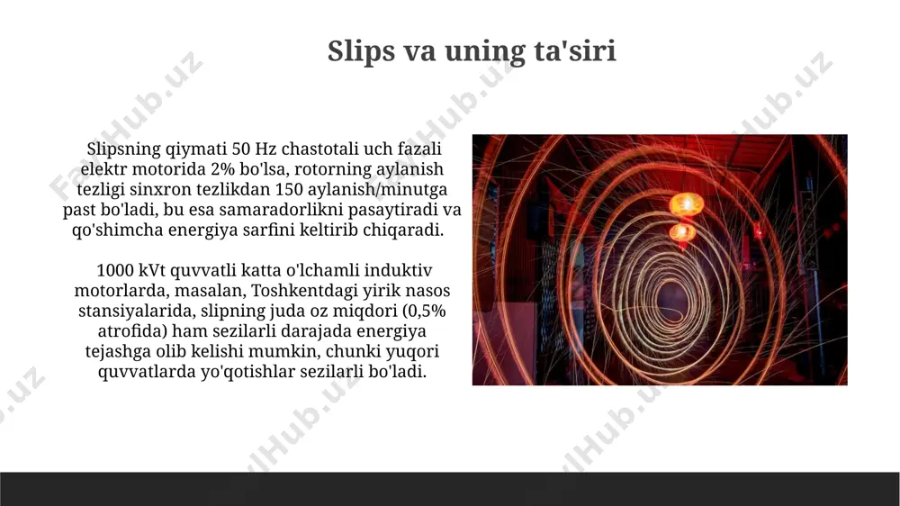 ydon hosil bo'ladi. masalan, toshkentdagi elektr stansiyasida ishlab chiqarilgan elektr energiyasi shunday prinsiplarga asoslanadi. uch fazali tok tizimining asosiy tamoyillari uch fazali tok tizimi, masalan, aqshning elektr ta'minoti tizimlarida keng qo'llaniladi va yuqori quvvatli dvigatellarni samarali boshqarish imkonini beradi, unda 3 ta fazaning har biri 220v kuchlanishga ega bo'lishi mumkin. har bir fazadagi tokning amplitudasi va chastotasi bir xil bo'lib, bu esa magnit maydonning aylanish tezligini aniqlaydi, masalan, 50 hz chastotada 3000 aylanish/minutga teng bo'ladi, bu dunyo bo'yicha standart hisoblanadi. xulosa va kelajakdagi istiqbollar kelajakda yuqori samaradorlikka ega bo'lgan, 500 kvt quvvatli sinxron motorlarni yaratishda, xorazm viloyatida ishlab chiqarilgan yangi turdagi magnit materiallaridan foydalanish mumkin. uch fazali o'zgaruvchan tok yordamida hosil qilingan aylanuvchi magnit maydonining tezligini 3600 rpm gacha oshirish samarqanddagi elektr mashinalari zavodida o'rganilmoqda. rotorning aylanishi va uning tezligi rotorning aylanish tezligi, masalan, 50 gts chastotali tarmoqdan quvvat oladigan 4 qutbli elektr motorida 1500 aylanish/minut bo'ladi va bu tezlik …