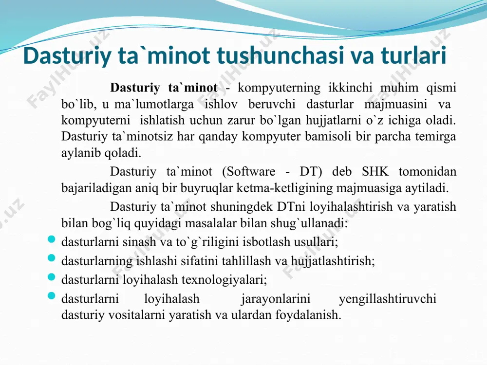 windows 7,8,10) – ko`p foydalanuvchili va ko`p vazifali otdir. - windows ce.net, qnx neutrino va os-9 real vaqtda ishlovchi operatsion tizimlar - asosan avtomatlashtirilgan axborot tizimlarini yaratishda va ulardan foydalanishda, shuningdek texnologik jarayonlarni boshqarishda qo`llaniladi. ko`pincha sanoat komp’yuterlarida ushbu otni uchratish mumkin. - mobil operatsion tizimlar – mobil aloqa vositalari uchun yaratilgan bo`lib, ularga misol qilib anroid-linux, windows mobile, symbian os, palm os, iphone os, black berry otlarini aytishimiz mumkin. fayl tizimi fayl tizimi - ot ning bir qismi bo`lib, uning vazifasi tashqi xotiradagi ma`lumotlarni samarali tashkil etadi va ular bilan ishlashda foydalanuvchiga qulay interfeys tashkil etadi. birinchidan - fayl tizimi orqali ma`lumotlar bo`yicha-tizimli ishlov beruvchi dasturlar bog’lanadilar. ikkinchidan - fayl tizimi orqali disk makoni markazlashgan tarzda taqsimlanadi va ma`lumotlar boshqariladi. uchinchidan - tashqi xotira qurilmalarida joylashtirilgan foydalanuvchilar ma`lumotlariga murojaatni eng sodda usullariga ega bo`ladilar. turli ot larga va tashqi qurilmalarga mo`ljallangan turli fayl tizimlari mavjud, eng keng tarqalganglari fat32, …