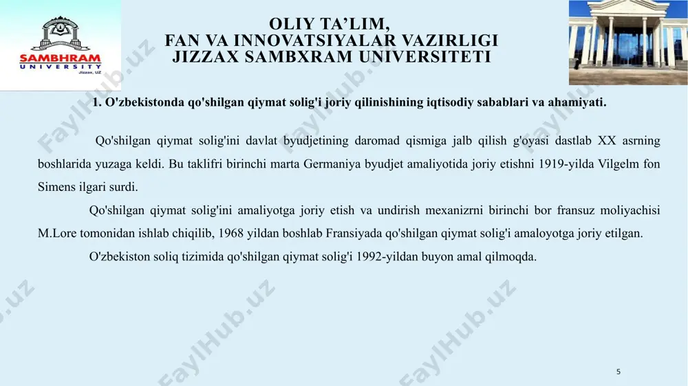 dan foydalanishga va ularga xianat ko'rsatishga doir xizmatlar; 19). ommaviy axborot vositalari va kitob mahsulotlarini yetkazib berish xizmatlari. 20). davlat mulkini ijaraga berish bo'yicha xizmatlar. 12 oliy ta’lim, fan va innovatsiyalar vazirligi jizzax sambxram universiteti 3.qo'shilgan qiymat solig'i stavkalari. mamlakatimizda soliqdan ozod qilinadigan moliyaviy xizmatlarning quyidagi turlari mavjud 1 kreditlar, zayomlar bo'yicha foizlami hisoblab chiqarish va undirish zayomlar berish, kafilliklar (kafolatlar), shu jumladan, bank kafolatlari berish; 2 depozitlar qabul qilish, yuridik va jismoniy shaxslarning bank hisobvaraqlarini, shujumladan, vakil banklarda hisobvaraqlarini ochish va yuritish; 3 to'lovlar, o'tkazrnalar, qarz majburiyatlari, cheklar va to'lov vositalari bilan bog'liq operatsiyalar, inkasso bo'yicha operatsiyalar; 4 milliy valyuta va chet el valyutasi bilan bog'liq operatsiyalar; 5 yuridik va jismoniy shaxslaming qimmatli qog'ozlar depohisobvaraqlarini, shu jumladan, vakil depozitariylarini ochish hamda yuritish; 13 oliy ta’lim, fan va innovatsiyalar vazirligi jizzax sambxram universiteti 3.qo'shilgan qiymat solig'i stavkalari. mamlakatimizda soliqdan ozod qilinadigan moliyaviy xizmatlarning quyidagi turlari mavjud 6 qimmatli qog'ozlar (aksiyalar, …