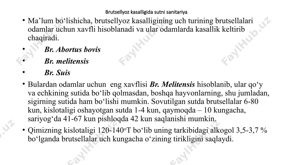 natsiya probirkalari. aniqlash tartibi probirkaga 1 ml sut olinib, uning ustiga bir tomchi rangli brutsellyoz antigeni tomiziladi. so‘ngra probirka chayqatilib 37o haroratli termostatga 40-45 minut qo‘yiladi. agar reaksiya natijasi musbat bo‘lsa, suyuqlikning yuqori qatlamida ko‘k rangli halqa hosil bo‘ladi. reaksiya manfiy bo‘lsa probirka ichidagi suyuqlikning hammasi bir xil bo‘ladi. mastit sog‘in sigirlarning orasida ko‘pincha sut bezi yallig‘lanishining turli formalari uchrab turadi. kasallikning qo‘zg‘atuvchisi ko‘pincha streptokokklar hisoblanadi. a.f.voytkevichning ma’lumotiga ko‘ra, 36 ta mastit kasalligidan streptokokklar 68 %, stafilokokklar-10 %, sil tayoqchasi-30 %, ichak tayoqchasi-3 % ajratib olingan. sterptokokklar sigirlarning mastit kasalligida qo‘zg‘atuvchisi bo‘lishi bilan birgalikda, odamlarda angina, skarlatina, otit va saramas kasalligini chaqiradi. mastit kasalligi bilan kasallangan sigir sutining tarkibi va xususiyatlari kasallikning qanday holatda kechishligiga bog‘liq holda o‘zgaradi. kasal hayvonlarning sutida kazein, laktoza, yog‘, quruq moddasi kamayadi, zichligi va ivishi pasayadi, aksincha, xlor va albuminning miqdorir ortadi, yog‘ sharikchalarining diametri kichiklashadi. ventning (wendt) ma’lumotiga ko‘ra, mastit kasalligida askorbin kislotasining miqdori …