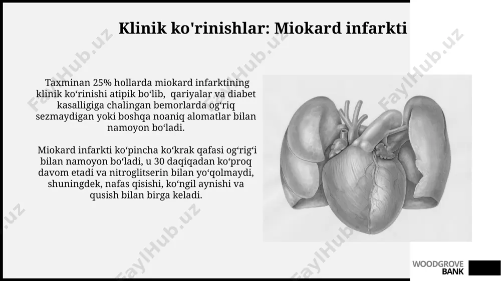 liklari xavfini sezilarli darajada kamaytiradi, bu esa o'lim xavfini 20% ga pasaytiradi. woodgrove bank miokard infarkti va angina pektorisining umumiy tavsifi stemi (st-segment elevational myocardial infarction) va nstemi (non-st-segment elevation myocardial infarction) miokard infarktinining ikkita asosiy turi boʻlib, ular ekgda st segmenti oʻzgarishlarining mavjudligiga yoki yoʻqligiga qarab tasniflanadi. miokard infarkti koʻpincha toj arteriyalarining 75% dan ortiq torayishi yoki toʻliq tiqilib qolishi natijasida yuzaga keladi, bu esa yurak mushak hujayralarining oʻlimiga olib keladi. woodgrove bank asoratlar: angina pektoris angina pektorisning og'irligi, og'riqning intensivligi, bemorni jismoniy faoliyatiga ta'siri va yurak yetishmovchiligining alomatlari (nafas qisilishi, shish) kabi klinik ko'rinishlarga asoslanib, 3 yoki 4-toifa deb tasniflanadi. 2-toifa angina pektoris ancha kam zo'riqish bilan yuzaga keladi yoki hatto dam olish paytida ham kuzatilishi mumkin, og'riqning davomiyligi 10 daqiqadan ko'proq davom etadi va nitroglitserin bilan to'liq yo'qolmasligi mumkin. woodgrove bank asoratlar: miokard infarkti miokard infarktining og'irligi 0 dan 5 gacha bo'lgan timi xalqaro ballari tizimi yordamida …