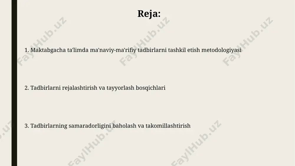 шиш учун 4 та босқичли режа ишлаб чиқиш: режалаштириш, тайёргарлик, ўтказиш ва натижаларни таҳлил қилиш. baholash va tahlil tahlil qilishda 5-7 yoshli guruhlardagi bolalar uchun mo'ljallangan tadbirlarning samaradorligi o'quv rejasi maqsadlariga mos kelishini baholash muhim ahamiyatga ega. baholash va tahlil jarayonida kamida 3 ta asosiy ko'rsatkich (masalan, bolalarning faolligi, bilimlarni o'zlashtirish darajasi, tadbirga qiziqishi) aniqlanib, har biri uchun ball qo'yish tizimi ishlab chiqilishi kerak. reja tuzish va tayyorgarlik tadbirning mavzui va maqsadi aniq belgilanib, 3-5 ta asosiy yo'nalish bo'yicha batafsil reja tuzish, har bir yo'nalish uchun mas'ul shaxslarni tayinlash kerak. spiritual va ma'rifiy tadbirlar uchun 2-3 hafta oldin reklama kampaniyasini boshlash, ota-onalar bilan aloqa o'rnatish va ularni tadbirga jalb qilish, elektron pochta va ijtimoiy tarmoqlardan foydalanish tavsiya etiladi. e'tiboringiz uchun rahmat @taqdimot_robot image1.jpg image2.jpg image3.jpg image4.jpg image5.jpg image6.jpg image7.jpg
