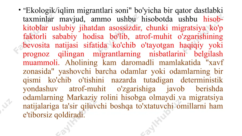 ziyat chekmoqda: erlarning degradatsiyasi, cho'llanish, yog'ingarchilik rejimining o'zgarishi va qurg'oqchilikning kuchayishi. bularning barchasi qishloq xo'jaligi, chorvachilik va baliqchilikda o'z izini qoldiradi. agar siz toshqin yoki bo'rondan vaqtincha yashirinib, keyin orqaga qaytishingiz mumkin bo'lsa, unda siz qurg'oqchilikdan qochib qutula olmaysiz. suvga kirish asta-sekin kamayib, yog'ingarchilik kamayadigan sharoitlarga moslashish ancha qiyin. "guldasta" muammolari — orol va qirg'oq hududlarida. iqlim o'zgarishi tufayli dengiz quruqlikni tezroq egallab oladi, aholi bo'ron va bo'ronlardan aziyat chekadi. toza suv manbalarining etishmasligi, toshqinlardan keyin tuproqning sho'rlanishi, unumdor erlarning yo'q bo'lib ketishi odamlarni yashash uchun yangi joylarni izlashga majbur qiladi. tog'li hududlarning asosiy muammosi muzliklarning erishi, yog'ingarchilikning kamayishi va daryolarning gidrologik rejimining buzilishi. millionlab odamlarning hayoti va qishloq xo'jaligi faoliyati bog'liq bo'lgan ko'plab yirik daryolar muzlik bilan oziqlanadi. biroq, bugungi kunda ko'plab tog'li mamlakatlarda qor qoplamining hajmi va davomiyligi pasaymoqda. muzliklarning erishi natijasida daryolarning sirt oqimining qisqa muddatli o'sishi kuzatiladi, ammo keyinchalik uning ketma — ket pasayishi kuzatiladi. suv …