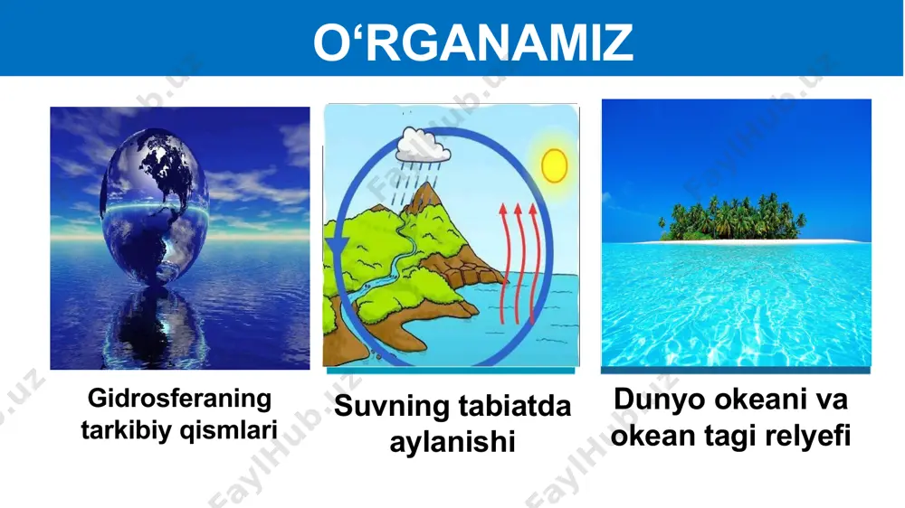 anlarga quyiladi. suvning tabiatda aylanishi suvning okeanlardan havo orqali quruqliklarga va quruqlikdan daryolar orqali yana okeanlarga qaytib keladigan to‘xtovsiz harakati suvning tabiatda aylanishi deyiladi. suvning tabiatda aylanishi suvning bunday aylanib turishining ahamiyati juda katta. quruqlikda yog‘in yog‘may qo‘ysa nima bo‘lardi? quruqlikdagi hamma suv bug‘lanib ketib, o‘simliklar qurirdi, hayvonlar qirilib ketardi. suvning tabiatda aylanishi hamma joy qurib, qaqshab yotgan cho‘lga aylanar edi. okeanlar dunyoda okeanlar 4 ta: tinch, atlantika, hind va shimoliy muz okeanlari. ularning hammasi birgalikda dunyo okeani deb ataladi. dunyo okeani tinch okean tinch okean eng katta va eng chuqur okean. maydoni butun quruqlik maydonidan katta. maydoni 180 mln km2. eng chuqur joyi-mariana botig‘i 11022 metr atlantika okeani atlantika okeani kattaligi jihatidan ikkinchi o‘rinda turadi. maydoni 91 mln km2. eng chuqur joyi - puerto-riko botig‘i 8742 metr hind okeani hind okeani maydonining kattaligiga ko‘ra uchinchi o‘rinda turadi. maydoni 76 mln km2. eng chuqur joyi - zond botig‘i 7729 metr …