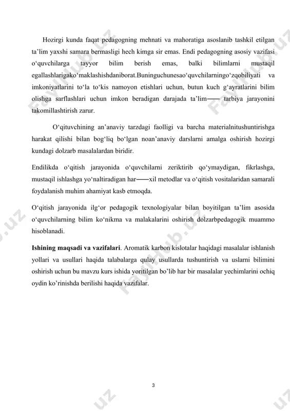 ruh karboksildir. karbon kislotalar tarkibidagi karboksillarning soniga qarab tasniflanishi mumkin. tuzilishida bitta karboksil guruhi bo’lgan karbon kislotalar monokarbon kislotalar, bir nechta karboksil guruhi bo’lganlari esa polikarbon kislotalar deb tasniflanadi. polikarbon kislotalarda ikkita karboksil guruhi bo’lganlar dikarbon kislotalar, uchta karboksil bo’lganlar esa trikarbon kislotalar deb ataladi. nomenklaturasi va izomeriyasi karboksilik kislotalarning iupac nomenklaturasida karboksilni o’z ichiga olgan eng uzun uglerod zanjiri asosiy zanjir sifatida aniqlanadi. karboksildagi uglerod 1 raqami bilan raqamlanadi va asosiy zanjirga mos keladigan alkan nomidan keyin kislotasi qo’shimchasi qo’yilai. agar boshqa funksiyanal guruhlar mavjud bo’lsa, ular joylashuvi va raqamlarini ko’rsatish orqali nomlanadi. iupac nomlaridan tashqari, taniqli karboksilik kislotalarning umumiy nomlari ham qo’llaniladi. karbon kislotalarning ba’zilari tabiiy manbalariga ko’ra umumiy nomlarga ega. iupac va quyida keltirilgan karboksilik kislotalarning umumiy nomlarini ko’rib chiqamiz. karbon kislotalar olinishi to’yingan kislotalarni olishning laboratoriya usullari oksidlanish usullari spirtlarni oksidlanishi (jons reaktivi bilan – xrom (vi) oksidining suyultirilgan sulfat kislotadagi eritmasi yoki neytral muhitda aseton …