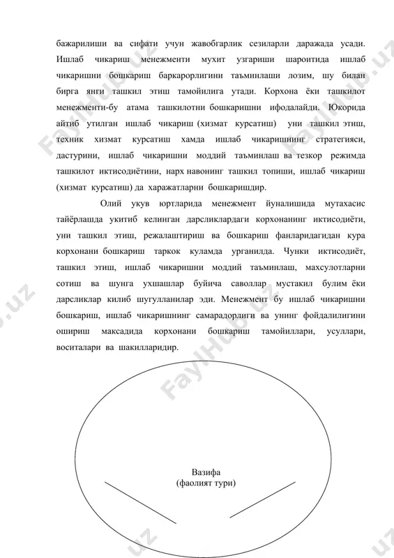 ади. шунинг учун менежментлик-яна бу корхонада ишлаётган ходимларни куйилган максадларига, мехнат, акл-идрок, одамларнинг мойиллик хулкини йуналтира билишдир. корхона менежменти-бу максадларни куя билиш ва жорий этиш-деган эди илмий менежмент асосчиси ф. у. тейлор- уни санъат каби аник билиш керак, нима килиш ва энг яхши ва кам харажат билан бажариш усулидир. бундай санъатга маълум одамлар тоифаси-менежерлар эга (сохиб) булишлари керак. чунки корхона максадига эришиши учун барча ишлаётган ходимлар фаолиятини ташкил этиш ва кучини йуналтириш менежернинг ишидир. менежмент-замонавий ташкилотлар (тижоратли ёки нотижоратли) узига хос орган. усиз ташкилот фаолият курсатиши ва самарали ишлаши мумкин эмас. шунинг учун бошкариш аппарати хар кандай ташкилотнинг таркибий кисмидир ва корхона менежменти тушунчаси билан бирга кушилади. аппаратда ишлайдиган кишиларнинг асосий вазифаси корхонада барча ресурслар (сармоя, бино, ускуналар, материаллар, мехнат, ахборот, ер, уддабуронлик кобилятлари)ни унинг максадларига эришиш учун самарали фойдаланиш ва мувофиклашдан иборат. хх асрдан бошлаб менежмент мустакил билимлар, фан сохаси деб ажратилди уларни ечиш учун у уз предметига, узига …