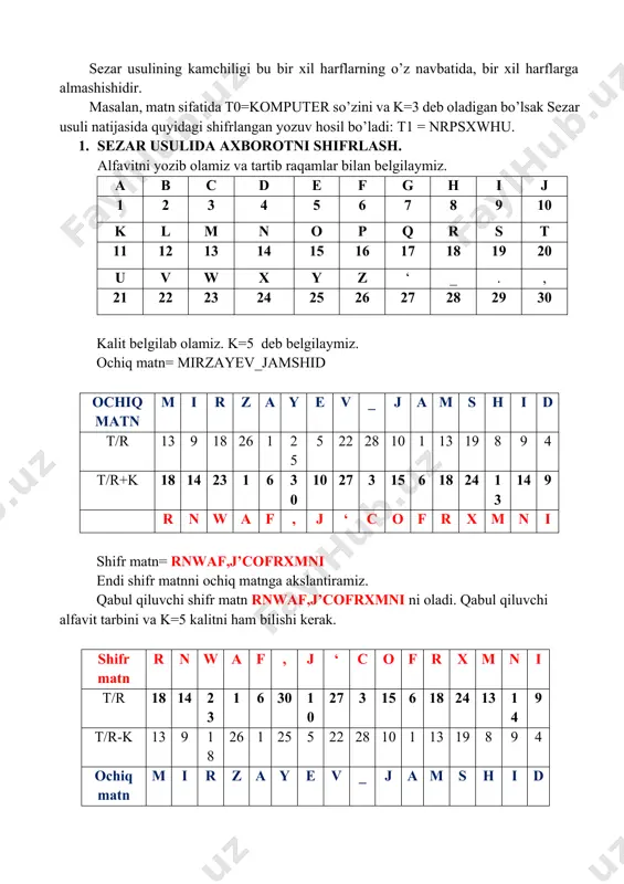 matnni jadvalga yozib kalit ochiq matn pastki qismiga mos holda joylashtirib chiqamiz. k o m p y u t e r t a l a b a t a l , o x p z u i e . jadvaldan foydalanib ochiq matn belgilarni ustun bo’yicha kalit belgilarini qator bo’yicha kesishmasidagi belgini birma-bir yozib chiqamiz. belgilarni jamlab shirf matnni hosil qilamiz. shifr matn= ,oxpzuie. topshiriq variantlari talaba ushbu amaliy ishda o’z ismi, familiyasi va otasini ismini ochiq matn sifatida oladi va sezar hamda vijiner shifrlash usulida shifrlaydi, deshifrlaydi. bajargan ishi bo’yicha hisobot yozadi. hisobotda quyidagi axborotlar bo’lishi zarur: · amaliy ish nomi va raqami · amaliy ishni bajargan talaba fio, guruh raqami. · amaliy ishni bajarish ketma ketligi. · amaliy ishda olingan natijalar (jadval, rasm, grafika va h.k.) o‘rin almashtirish shifrlash algoritmi o‘rin almashtirish shifrlash algoritmi uch qismdan iborat. oddiy o‘rin almashtirish, kalit yordamida o‘rin almashtirish va ikki tomonlama o‘rin …