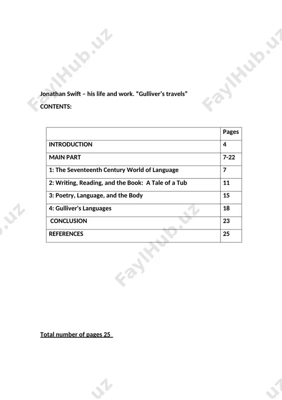 ts author's output. and, as the 'thoughts on various subjects' show, swift exhibits a harsh tone of censorship, both of himself and of others. a writer who seems hesitant to commit himself to words is bound to produce a complex, self-interrogatory language. i study this in the major area of his work, gulliver 's travels. gulliver 's travels dwells on the functionality of language, and is particularly receptive to the controlling power of textuallity, with its frames of narrative and its summoning of discourses like travel writing. within these, it debates the use of language in society, describing the mundane by way of the fantastic. in all the works, language is central, not merely another theme to be studied. this is what gives them their sophistication, and their currency for today. the aim of my course paper is jonathan swift – his life and work. “gulliver’s travels” to reach the …