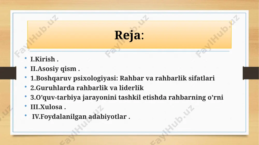 lab chiqariladi, qabul qilingan qarorlarga ko’ra boshliqning va xodimlarning har biriga alohida ilmiy ko’rsatmalar va maslahatlar beriladi. asosiy qism • boshqaruv psixologiyasi boshliq faoliyatini analiz qilganda asosiy diqqatni boshqarish uning ehtiyoji yoki qobiliyatlariga mos yoki mos emasligi, qaysi individual xususiyatlariga ko’ra u boshliq darajasiga ko’tarildi, ishni muvaffaqiyatli amalga oshirish uchun u boshqaruvning qay usullaridan foydalanyapti, xodimlarga psixologik ta’sir ko’rsatish maqsadida u qanday ta’sir uslublarini qo’llayapti kabi qator masalalarga qaratadi. boshliq bo’lish ishiga turli shaxslarning munosabatlari har xil, chunki kimdir boshliqda bo’lgan imtiyozlarga beriladi, kim uchundir unga berilajak huquqlarni afzal ko’rish xos, kimgadir yuksak mas’uliyatlarni bo’yinga olish ma’qul keladi. shaxslarning boshliq funktsiyalari haqidagi tasavvurlari qanchalik xilma-xil bo’lmasin, boshliqdan real sharoitlarda odamlar guruhini aniq maqsad asosida faoliyatga yo’llash, ularga bosh bo’lish, turli tadbirlarni amalga oshirish, obro’ga ega bo’lish, har bir qilingan ish uchun javobgarlikni o’z buyniga olish kabi ko’plab sifatlarning mujassam bo’lishi talab qilinadi. ayniqsa boshliq uchun turli guruhlardagi, ko’p holda bir …