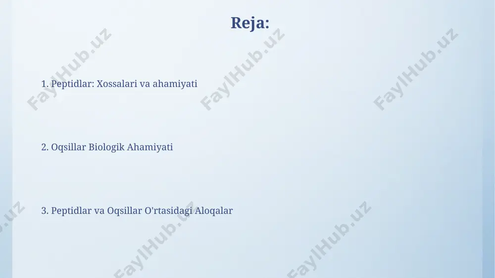 oza o'zlashtirishiga yordam beradi, shu bilan birga oqsil sintezini rag'batlantiradi. odam organizmida 30 dan ortiq peptid gormonlari aniqlangan bo'lib, ularning aksariyati gipotalamus va gipofiz bezlari tomonidan ishlab chiqariladi va metabolizm, o'sish va reproduktiv funksiyalarni tartibga soladi. oqsillarni o'rganish usullari oqsillarni gel-elektroforez usuli bilan ajratish va ularning molekulyar og'irligiga ko'ra tasniflash, taxminan 20 ta turli oqsilni aniqlash imkonini beradi, bu esa oqsil aralashmalarini tahlil qilishda foydali. immunoblotlash texnikasi yordamida ma'lum bir oqsilni aniqlash va uning miqdorini o'lchash mumkin, bu usul oqsilning konsentrasiyasi 1 ng/ml dan yuqori bo'lganda yuqori aniqlikni ta'minlaydi. oqsillarning retseptor sifatida roli oqsil retseptorlarining allosterik moddalar bilan o'zaro ta'siri, ularning faolligini 20-30% ga o'zgartirib, dorilarni ishlab chiqarishda muhim ahamiyatga ega. gormonlar, neyrotransmitterlar va sitokinlar kabi 1000 dan ortiq ligandlar oqsil retseptorlari bilan bog'lanib, hujayra ichidagi signal uzatish yo'llarini faollashtiradi va hujayra funksiyasini tartibga soladi. oqsillarning himoya funksiyasi α1-antitripsin kabi oqsillar proteaz fermentlarini inhibe qilib, to'qimalarni fermentativ parchalanishdan himoya qiladi, …