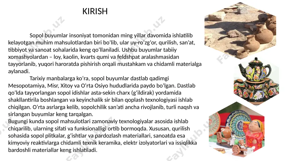 siqilishdagi mustahkamligiga qarab g‘ishtlar 7 markada ishlab chiqariladi: 75, 100, 125, 150, 200, 250 va 300. 15, 25, 35 va 50 markadagi g‘ishtlar muzlashga chidamli hisoblanadi. nim quruq usul bilan tayyorlangan g‘ishtlarni poydevor yoki nam, suv ta’sirida bo‘ladigan bino qismlarini qurishda ishlatish tavsiya etilmaydi. sopol buyumlarni ishlab chiqarish texnologiyasiga kirish: sopol buyumlar insoniyat tarixidagi eng qadimiy hunarmandchilik mahsulotlaridan biri hisoblanadi. ular turli maqsadlarda, jumladan, uy-ro'zg'or buyumlari, bezak idishlari, haykaltaroshlik va boshqa san'at asarlari sifatida ishlatiladi. sopol buyumlarni ishlab chiqarish jarayoni bir qator an'anaviy va zamonaviy texnologiyalarni o'z ichiga oladi. bu jarayon xom ashyo tayyorlashdan boshlanib, yakuniy pardozlashgacha davom etadi. 1. xom ashyo tayyorlash loyni tanlash va tozalash: sopol buyumlar uchun mos keladigan loy turlari tanlanadi. loy tarkibida mineral va organik moddalar bo'lishi kerak. loyni aralashtirish va namlash: loy maxsus usullar bilan aralashtirilib, namlanadi. bu jarayon loyning yumshoq va ishlov berish uchun qulay bo'lishini ta'minlaydi. 2. shakllantirish qo'lda shakllantirish: an'anaviy usul …