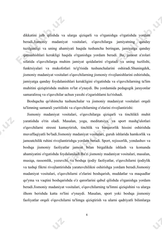ajratilib, madaniyat jarayonining vositasi sifatida foydalanib kelindi. jismoniy mashq deb, jismoniy madaniyat qonuniyatlari talab lariga javob beruvchi, ongli ravishda bajariladigan ixtiyoriy harakat faoliyatlarining turli turkumi tushuniladi. bunday harakat faoliyatlari gimnastika, uyinlar, sport, turizm mashqlari sifatida tarixan tizimlashtirildi, tuplandi va usluban tuldirildi. jismoniy mashqni vujudga kelishi tarixan qator darsliklarda (a.d. novikov, b.a. ashma rin va boshqalar, 1966, 1979). ibtidoiy jamoa to`zumi davriga to`g`ri keladi deb ko`rsatiladi. jismoniy mashqning vujudga kelishida ob`ektiv sabab qilib ibtidoiy odamning korni tuydirish maqsadida ov qilishi, sub`ektiv sabab sifatida ongning shakllanishi deb qaraldi.ibtidoiy qurollarni ishlatishni bilmagan ibtidoiy odam o`z ulja sini (ovini) xoldan toldirguncha kuvlagan. bunda ovchining organizmi katta jismoniy tayyorgarlikka muxtojlik sezishi tabiiy xol edi. jis moniy tayyorgarligi yetarli bo`lmaganlarining o`zlari oviga yem bo`lgan lar. keyinchalik ibtidoiy odamlar ovga gala-gala bo`lib chiqadigan bo`ldilar. ijtimoiy ong shakllana boshladi. ibtidoiy qurollar: tosh, kirrali tosh boylangan nayza, xas, chup bilan nomigagina berkitilib qo`yilgan choxlardan va boshqalardan foydalana boshlashi ijtimoiy …