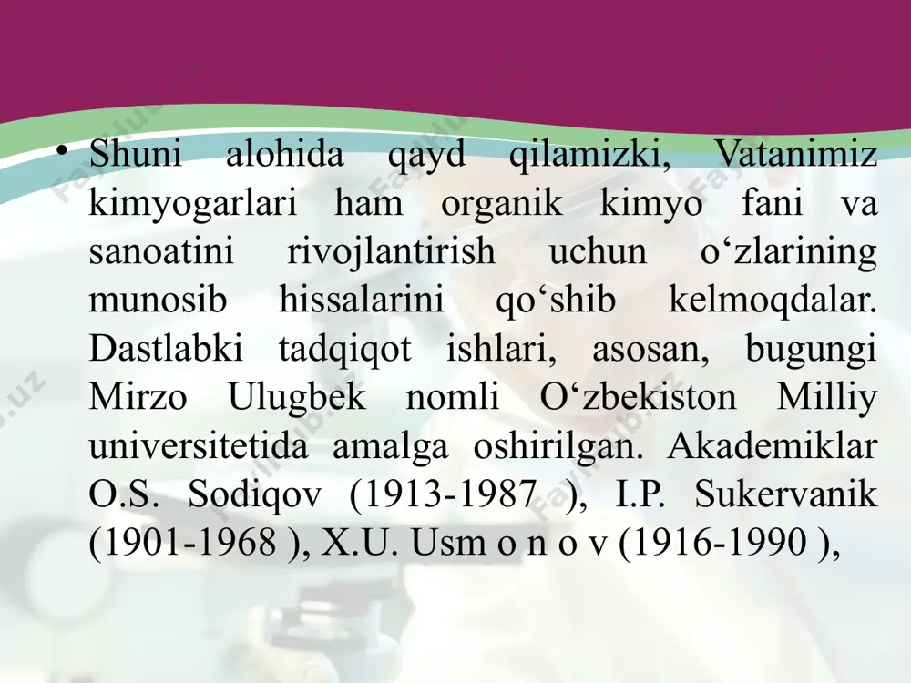 l hosilalariga ajratishdan boshlanadi. bu hosila tarkibidagi funksional guruh bir yoki bir nechta bo‘lishi mumkin. demak, uglevodorod hosilalari, o ‘z navbatida, fazoviy va elektron tuzilishi, funksionai guruh soni va tabiatiga ko‘ra yangi birikmalar turkumiga ajratiladi. uglevodorodlarning har qanday funksional hosilalarini o ‘rganishda funksional guruh nomini va unga tegishli sinf birikmalari nomini yaxshi bilish talab etiladi. quyidagi 6-jadvalda muhim organik birikmalaming ayrim namoyandalari va ularning nomlanishi haqidagi qisqa ma’lumotlar keltirilgan. foydalanilgan adabiyotlar 1. реутов о.а. курц а л бутин к.п. органическая химия.часть 2,- м. : издательство московского университета. - 1999. - 624 с. 2. нейланд о.а. органическая химия. -м.:высшая школа. - 1990. - 751 с. 3. гауптман 3., грефе ю., ремане x. органическая химия. -м.: химия. -1979.-832 с. 4. химическая энциклопедия. том 1.— м.:-1988.-623 с., том 2.-м.:-1990 671 с. том 3. -м.:-1992.-639 с. 5. иванский в. и. химия гетероциклических соединений.-м.: высшая школа. - 1978. - 559 с. 6. моррисон р., бойд …