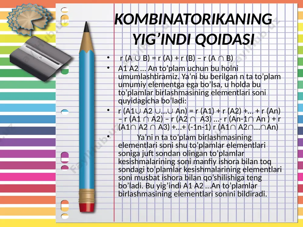 an sonlar ko’paytmasi factorial deyiladi. pn = n! gruppalashlar ta’rif: n ta elementni k tadan gruppalashlar deb kamida 1 tadan elementi bilan farq qiluvchi o’rinlashtirishlarga aytiladi. teorema: n elementni k tadan gruppalashlar soni ckn = akn / pk ga teng isbot: dastlab 4 ta elementdan 3 tadan a,b,c,d o’rinlashtirishlar tuzaylik. abc, abd, acd, bcd acb, adb, adc, bdc bac, bad, bca, bda cab, cad, cbd, cba cda, cdb, dab, dbc dac, dca, dba, dcb 4 ta a34 = 24 = 6 · 4 p3 = 6 = 1 · 2 · 3 = 6 ckn = akn / pk = 4 · 3 · 2 / 1 · 2 · 3 = 24 / 6 = 4 ckn = 4 demak, bu to’g’ri bo’ladi. ckn = akn / pk ckn = n (n-1) (n-(k-1) / k! takrorlanuvchi o’rin almashtirishlar ta’rif: bir necha elementi bir xil bo’lgan n ta elementni o’rin …