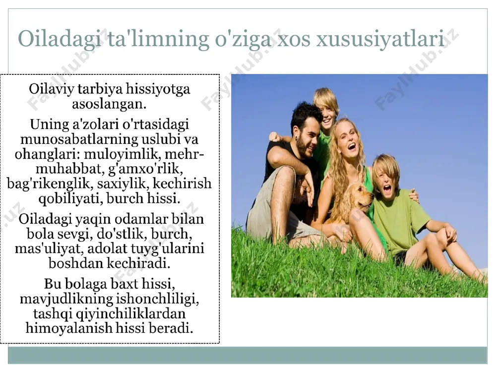 gan ishonchni yo'qotish, o'z-o'zini hurmat qilishning pastligi natijasida muvaffaqiyatga erisha olmasligi o'smirning vazifalari: kattalar bilan munosabatlar uchun yangi stsenariy. mas'uliyat va mustaqillikni rivojlantirish. mas'uliyat sohalarini aniqlash. huquq va majburiyatlarni adolatli taqsimlash to'g'risida shartnoma tuzish. ota-onalarning xatolari: o'zini himoya qila olmaslik, o'z hayoti uchun javobgarlikni o'z zimmasiga olmaslik; qaramlikni saqlab qolish istagi, bolani o'z muammolarini hal qilish, muammolarni hal qiluvchi vosita sifatida ishlatish. tarbiya uslubi ota-ona munosabati - bolaga nisbatan hissiy munosabat, ota-onaning bolani idrok etishi va unga nisbatan o'zini tutish usullari. ota-onalik uslubi = ota-ona munosabati + xatti-harakatlarni nazorat qilish (nazorat turi). o'rta yoshli odam va o'spirin o'rtasidagi farqlar o'rta yoshdagi avlod o'smirlar avlodi ehtiyotkorlik, hayotiy tajriba bugun va kechagi kunni solishtirish hayotga va odamlarga realistik, shubhali munosabat konservativ qarashlar mavjud narsalar tartibi bilan kelishuv keksalikdan qo'rqish. xulq-atvori maqomga, yoshga mos bo'lish dahshatlilik, qo`pollik hozirgi kun bilan yashash idealizm va optimizm liberalizm, tajriba va innovatsiya tanqid qilish, hamma narsani o'zgartirish …