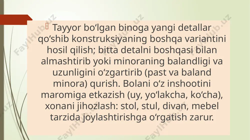 shga o‘rgatish. applikatsiya so‘zi lotincha so‘zdan olingan bo‘lib, «joylashtirish» degan ma’noni anglatadi. applikatsiya tasviriy faoliyatning bir turidir. applikatsiyada ishlatiladigan ashyo o‘ziga xosligi bilan ajraladi. qog‘oz, somon, quritilgan o‘simlik o‘ramga joylashtirilib, turli xil elim bilan elimlanadi. mato, charm, jun, paxmoq -ularga esa tikiladi. applikatsiya bir xil rangli yoki rangli bo‘ladi. bir xil applikatsiya grafik tus bersa, ko‘p ranglisi esa go‘zallik. uni ham buni ham badiiylik bo‘ladi. applikatsiyaing chamalash asosiy belgisi bo‘lib hisoblanadi. мaktabgacha ta’lim muassasasida applikatsiya mashg‘ulotlari birinchi kichik guruhdan boshlab olib boriladi. bu guruhda barcha mashg‘ulotlarda bolalar kattalar tomonidan qilib berilgan tayyor shakllarni qog‘ozga to‘g‘ri, turli xil joylashishda terib chiqib va yopishtirshga qaratilgandir. bu guruhda asosiy vazifa - bolalarni yelimlash usullarini o‘rgatishdir. кattalar uchun oddiy hisoblangan, bu malaka qator harakatlarni ketma-ket bajarishdan iborat bo‘ladi, ya’ni mo‘yqalamni to‘g‘ri ushlab, unda ozgina yelim olish, shaklni teskarisi bilan qo‘yib, yelimni butun shaklga tekis qilib surib chiqish, surayotgan chap qo‘lining barmog‘i bilan shaklni tutib …
