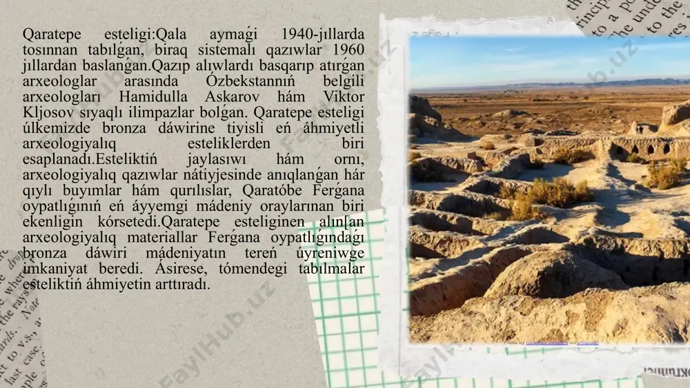 egi áyyemgi orın, arxeologiyalıq qazıwlar arqalı sol dáwirde bul aymaqta qanday ekonomikalıq, mádeniy hám sociallıq ózgerisler júz bergenligin kórsetedi. kurgantepe tóbesinde alıp barılǵan qazıwlar 1955-jıllardan baslanǵan hám olardıń dawamında bir qansha qızıqlı tabılmalar ashılǵan.qazılıwlarda gerbishten qurilgan qurılmalar, keramika buyımları, metall ásbaplar, zergerlik buyımları hám basqa túrli mádeniy qatlamlarga tiyisli materiallar tabılǵan. kurgantepe qazıwlarında tabılǵan gerbishten qurilǵan jaylar hám arxitektura estelikleri, sol dáwirde xalıqtıń turmis tárizinin joqarılıǵın kórsetedi. tabılǵan imaratlar, ásirese, sol dáwirde qala qurılısınıń rawajlanganlıǵın hám sociallıq strukturalar sıpatında úlkenirek hám quramalıraq arxitekturalıq sistemalardıń bar ekenligin bildiredi. bul jerde tabılǵan ayırım imaratlar, sawda hám islep shigarıw ushin mólsherlengen bolıp, olardıń jaylasıwı hám shólkemlestiriliwi kurgantepenıń ekonomikalıq oray sipatında qanday xizmet kórsetkenligin kórsetedi.kurgantepe qazıwlarında tabılǵan keramika ıdıslar, gerbishten islengen ıdıslar, keń tarqalgan tas ıdıslar hám basqa da turmıslıq buyımlar, sol dáwirde xalıqtıń kúndelikli turmısı qanday bolǵanlıǵın kórsetedi. keramika ıdıslarınıń forması hám bezewleri, sol dáwirde ónermenshilik hám kórkem ónerdiń joqarı dárejede bolǵanlıǵın kórsetedi. …
