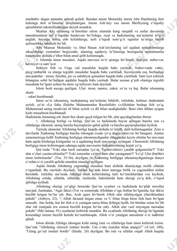 natijasida turli g‘oyalar yuzaga keldi va boshqa sabablar orqali musulmonlar orasida noto‘g‘ri, islomga mos bo‘lmagan qarashlar paydo bo‘ldi. islom ta’limotini buzib talqin qilish natijasida ularga raddiya sifatida olimlar kalom, ya’ni aqida ilmiga asos qo‘ydilar. bu musulmonlar uchun zarur sohaga aylandi. har bir musulmon kishi buni bilishi shart bo‘lgan majburiy ilmga aylandi. chunonchi sa’duddin taftazoniy «maqosid at- tolibin» asarida: “kalom ilmi diniy aqoid usullarini ishonchli dalillar asosida anglashni o‘rgatadigan ilmdir. u bilan shar’iy, nazariy, aqidaviy masalalar hal qilinadi. uning natijasi imonga komil ishonch bilan ziynat berish, foydasi esa bu dunyoda intizomli hayot kechirish va oxiratda azob-uqubatdan xalos bo‘lishdir. shunday ekan kalom ilmi eng sharafli ilmdir”. abu homid hazzoliy o‘zining “ihyo ulum ad-din» nomli asarida: “...chuqur bilimga ega bo‘lmagan oddiy musulmonlarning diniy e’tiqodlarini turli bid’at va noto‘g‘ri g‘oyalardan qo‘riqlash uchun kalom ilmini o‘rganish vojibdir”, degan. yuqoridagilardan kelib chiqib aytish mumkinki, aqoid yoki kalom ilmining vazifasi: a) diniy e’tiqodlarni qat’iy dalillar bilan isbotlash …