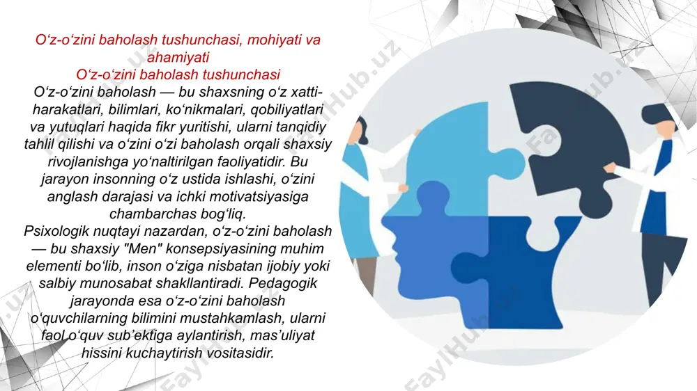 r bir-birining ishiga e’tiborli bo‘lishga va adolatli baholashga odatlanadi. 4. kommunikativ va ijtimoiy ko‘nikmalarni rivojlantirish. baholash jarayonida fikr bildirish, muhokama qilish, tanqidiy va konstruktiv yondashuv rivojlanadi. baholashda ob’ektivlik va sub’ektivlik muammosi guruhiy baholashda ob’ektivlikni ta’minlash muhim. biroq, bu baholash shakli ba'zida quyidagi sub’ektiv holatlarga duch kelishi mumkin: do‘stlik yoki simpatiyaga asoslangan baholar qisqa vaqt ichida noto‘g‘ri xulosa chiqarish baholash mezonlarining noaniqligi shu sababli, guruhiy baholashni samarali o‘tkazish uchun aniq mezonlar, ko‘rsatkichlar va yo‘riqnomalar ishlab chiqilishi zarur. guruhiy baholash metodikasi baholash jarayonini tizimli, izchil va samarali tashkil etish uchun quyidagi usullar keng qo‘llaniladi: 1. baholash jadvallari va mezonli shakllar har bir ishtirokchi yoki guruhga nisbatan aniq mezonlar (masalan, ishtirok faolligi, ijodkorlik, vaqtida bajarilishi, jamoaviylik) bo‘yicha ball beriladi. bu usul orqali baholash nisbatan ob’ektivlashadi. 2. yozma fikr bildirish (feedback) guruh a’zolari bir-birining ishi haqida yozma tarzda ijobiy va tanqidiy fikrlar bildiradilar. bu metod reflektiv fikrlashni rivojlantiradi. 3. baholovchi so‘rovnomalar va anketalar har …