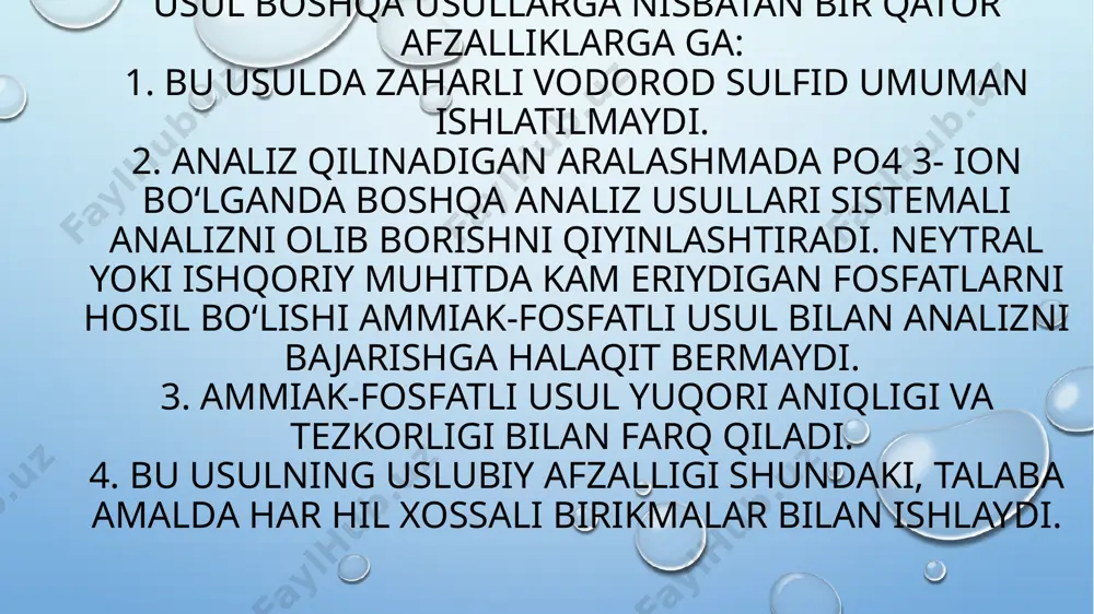 + ionning bir qismi havo kislorodi ta’sirida oksidlanadi. 3. natriy, kaliy va ammoniy karbonatlar ta’siridan mn2+ ion kislotalarda eriydigan oq rangli mnco3 cho‘kma hosil qiladi: mn2+ + co3 2-→ мn со3 4. natriy gidrofosfat mn2+ ionga ta’sir ettirilganda kuchli mineral va hatto kuchsiz sirka kislotada ham eriydigan (alyuminiy, temir (iii), xrom (iii) va titan (iv) fosfatlaridan farqli ravishda) oq ranglimn3(po4)2 cho‘kma hosil boiadi: 3mn2+ + 4hpo4 2-→ mn3(po4)2↓ + 2h2po4 - 5. oksidlash reaksiyasi yordamida mn2+ ionini topish mumkin. bunda pbo2, ammoniy persulfat (nh4)2s2o8, natriy vismutat -nabio3, h2o2, kc1o3, cl2, br2 va boshqa oksidlovchilardan foydalaniladi. oksidlash reaksiyalari kislotali yoki ishqoriy muhitlarda o‘tkazilishi mumkin. kislotali muhitda rangsiz mn2+ ionga pbo2 ta’sir ettirilib, qizdirilsa pushti rangli mno4 - hosil bo‘ladi: 2mn2+ + 5pbo2 + 6h+→ 2hmno4 + 5pb2+ + 2h2o reaksiyani bajarilishi tartibi: probirkaga 1-2 tomchi mn (ii) sulfat yoki nitrat eritmasi, 4-6 tomchi 6 n hno3 eritmasi tomizib, unga ozgina pbo2kukunidan …