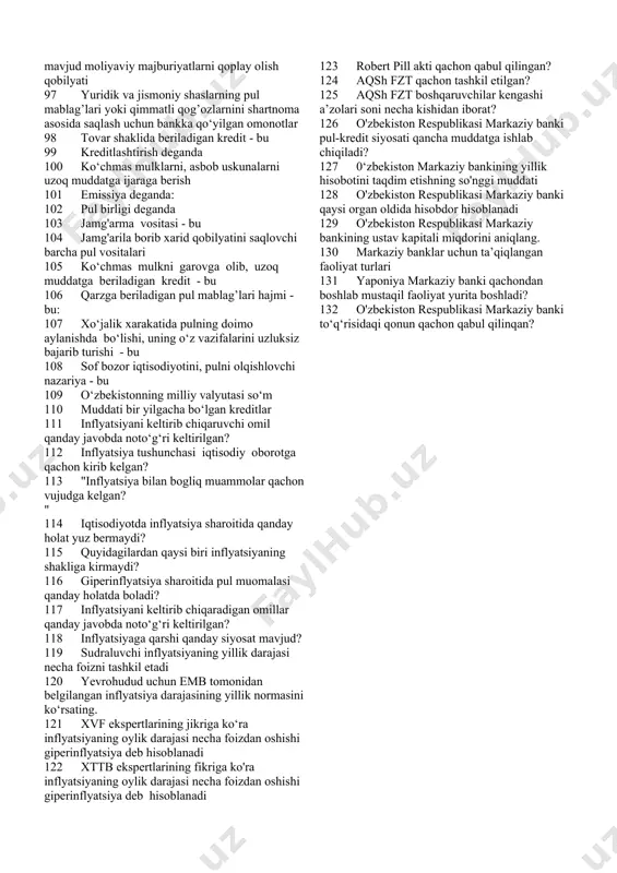 alari - bu 55 barter - bu 56 to‘lov jarayonlarida bevosita ishtirok etayotgan harakatdagi pul massasi - bu 57 mazkur mamlakatda pul muomalasini qonuniy va mutanosib ravishda tashkil qilishda qo‘llaniladigan uslublar majmuasi - bu 58 ikki metallga: oltin va kumushga qonuniy tartibda umumiy ekvivalent roli biriktirib qo‘yilishi - bu 59 bitta metallga barcha tovarlar qiymatini o‘zida aks ettiruvchi umumiy ekvivalent roli biriktirib qo‘yilishi - bu: 60 pul muomalasi qonuni - bu 61 pul muomalasidagi barqarorlik quyidagilarga bog’liq 62 pul taklifi - bu 63 pulga talab - bu 64 eski, qadrsizlangan pul birliklaridan batamom voz kechilib, muomalaga yangi pullarning chiqarilishi - bu pul muomalasini barqarorlashtirishning 65 valyuta kursining davlat tomonidan rasmiy oshirilishi - bu 66 pul birligi deganda 67 pul muomalasida 68 foiz to‘lash sharti bilan vaqtincha foydalanishga beriladigan yalpi pul mablag’lari- bu 69 ko‘chmas mulk bozoriga xizmat qiluvchi kredit operatsiyalar to‘plami - bu 70 vaqtincha bo‘sh turgan pul mablag’larini ma`lum …