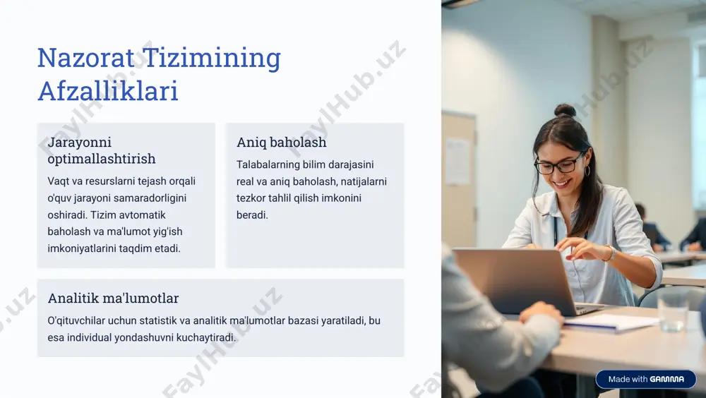 h imkoniyati mavjud bo'lib, rivojlanishni kuzatish osonlashadi. https://gamma.app/?utm_source=made-with-gamma asosiy komponentlar: interaktiv platforma qulay interfeys talabalar va o'qituvchilar uchun intuitiv va qulay interfeys yaratilib, samarali foydalanish ta'minlanadi. onlayn testlar vazifalar va testlarni onlayn bajarish imkoniyati mavjud bo'lib, baholash jarayoni tezlashadi. aloqa va feedback talaba va o'qituvchilar o'rtasida tezkor fikr almashish va savollarga javob berish platformasi mavjud. https://gamma.app/?utm_source=made-with-gamma integratsiya va moslashuvchanlik mavjud tizimlar bilan integratsiya moodle, canvas kabi o'quv tizimlari bilan muammosiz uyg'unlashadi, ma'lumot almashinuvi osonlashadi. fan va dasturlarga moslashuv tizim turli o'quv dasturlari va fanlarga moslab sozlanishi, keng ko'lamli qo'llanilishi mumkin. tizimni yangilash foydalanuvchi ehtiyojlari asosida tizimni doimiy sozlash va yangilash imkoniyatlari mavjud. https://gamma.app/?utm_source=made-with-gamma xavfsizlik va maxfiylik ma'lumot xavfsizligi yuqori darajadagi xavfsizlik choralari orqali ma'lumotlarning ruxsatsiz kirishdan himoyasi ta'minlanadi. maxfiylikni saqlash shaxsiy va akademik ma'lumotlar maxfiyligi qat'iy qoidalar bilan himoyalanadi. kirish huquqlari boshqaruvi foydalanuvchilarning tizimga kirish darajalari aniq belgilangan va qat'iy nazorat ostida bo'ladi. https://gamma.app/?utm_source=made-with-gamma amaliy misollar: universitet tajribasi muvaffaqiyatli joriy …